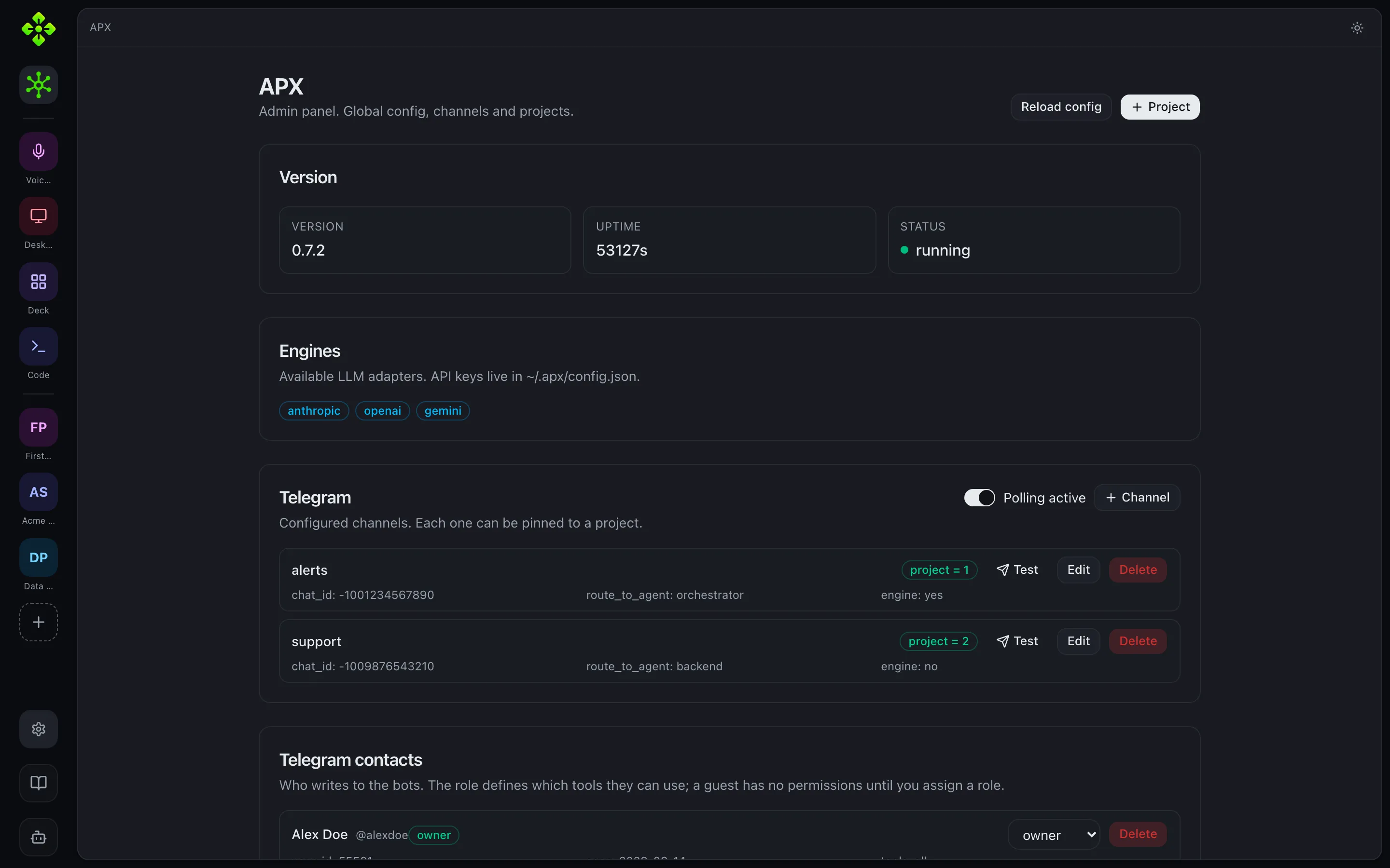 APX web panel — home screen showing daemon health and project list