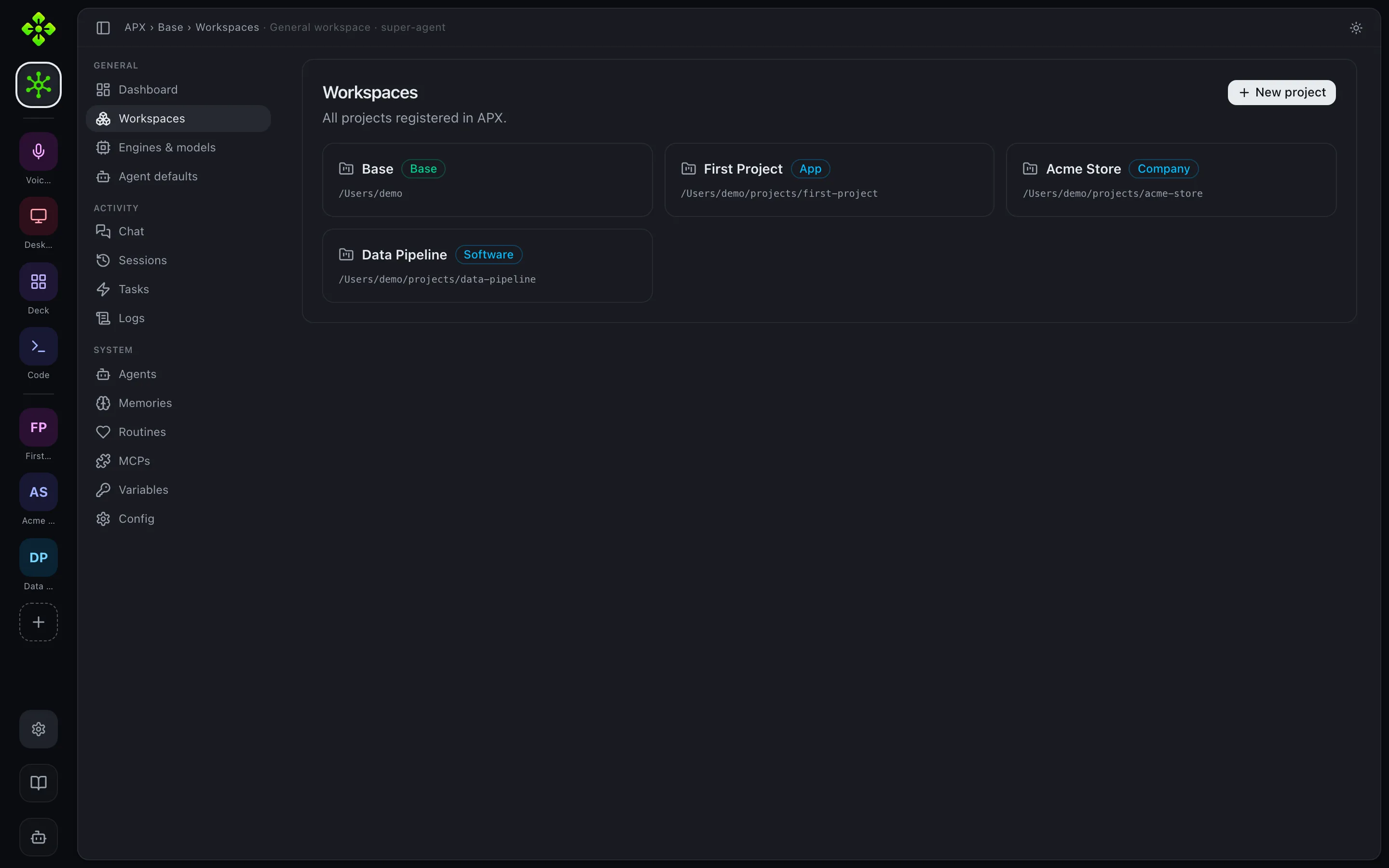 Workspaces tab — project cards with name, kind, and path