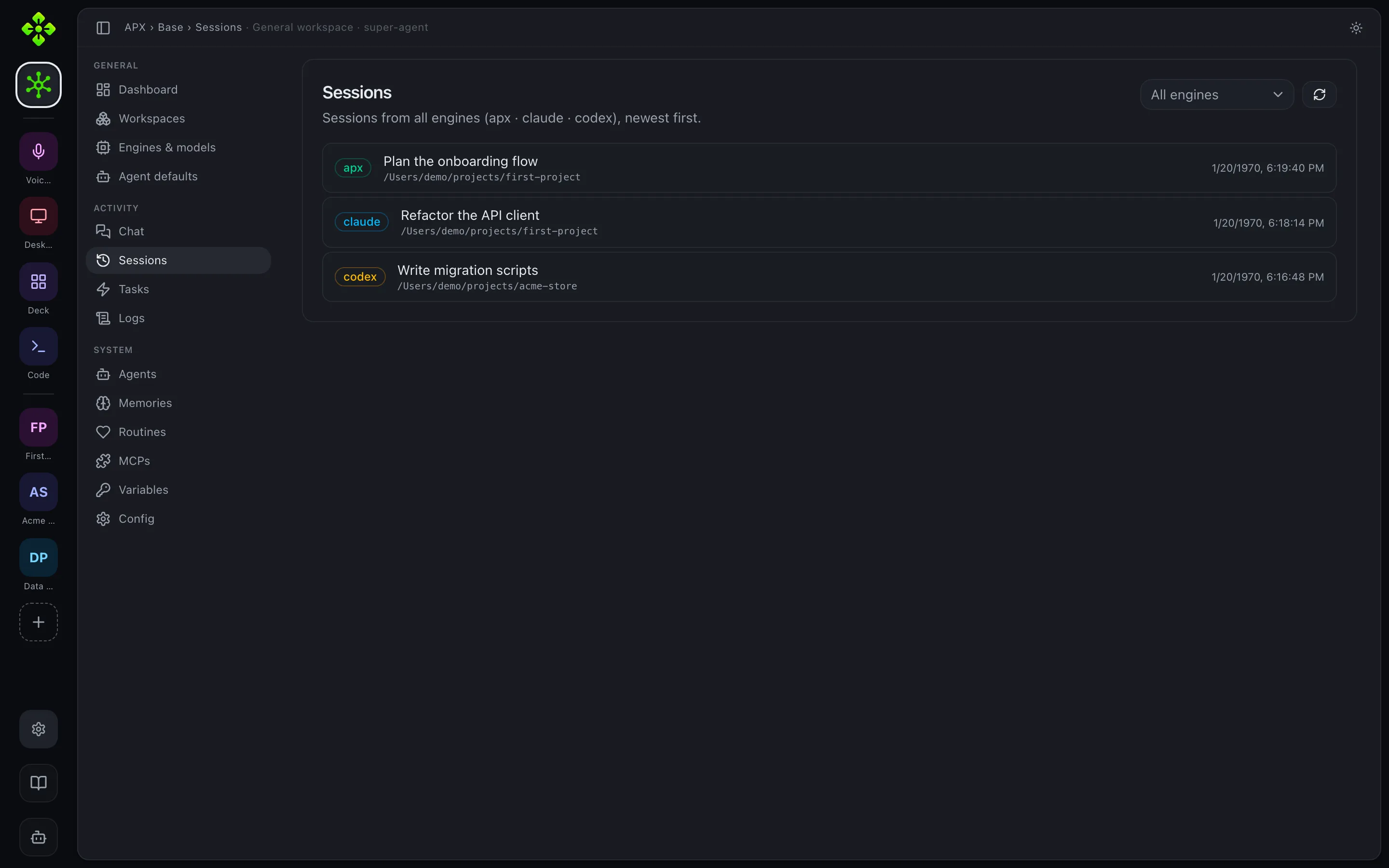 Sessions tab — search, engine filter, and per-row actions