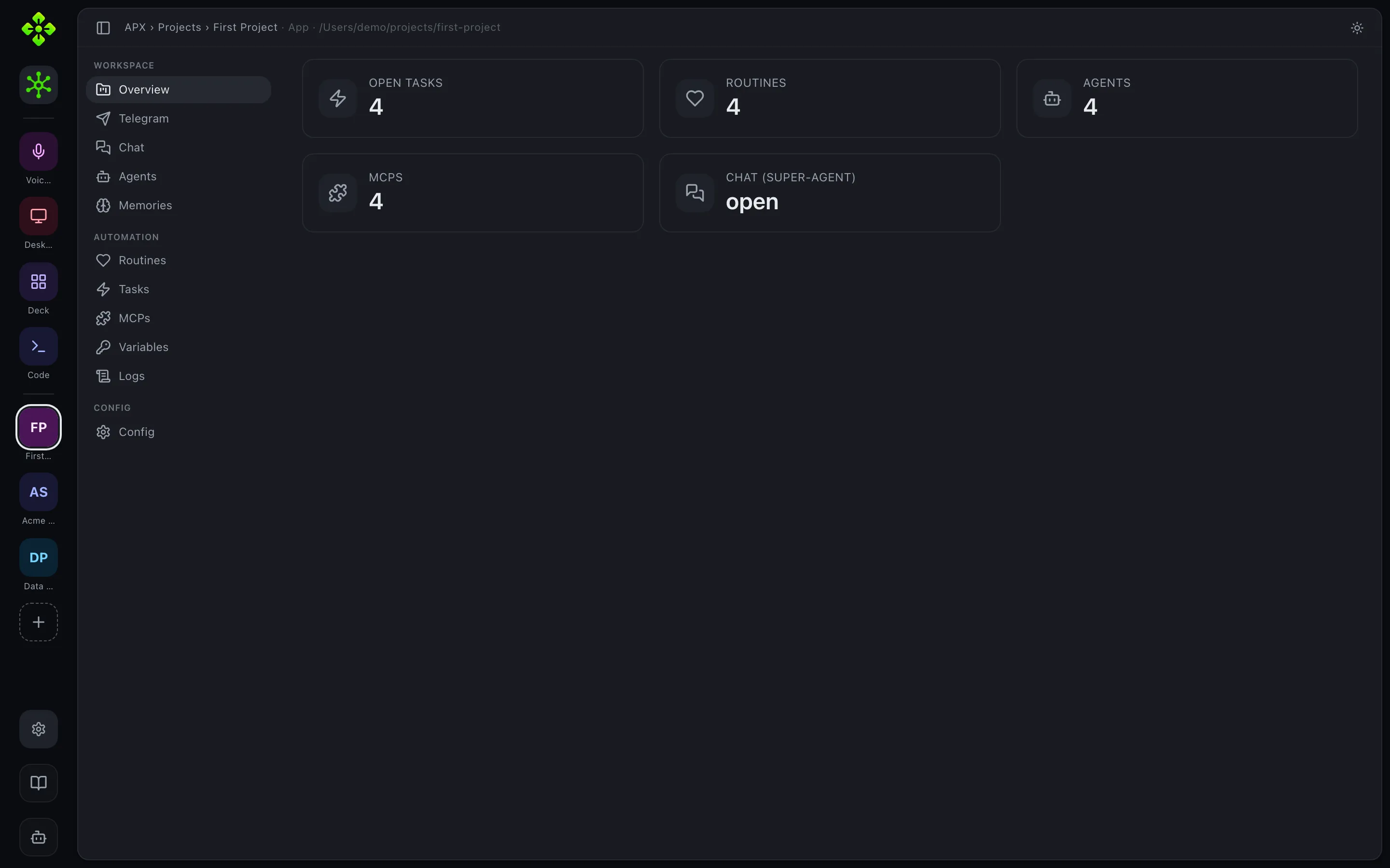 Left rail — project list plus module shortcuts