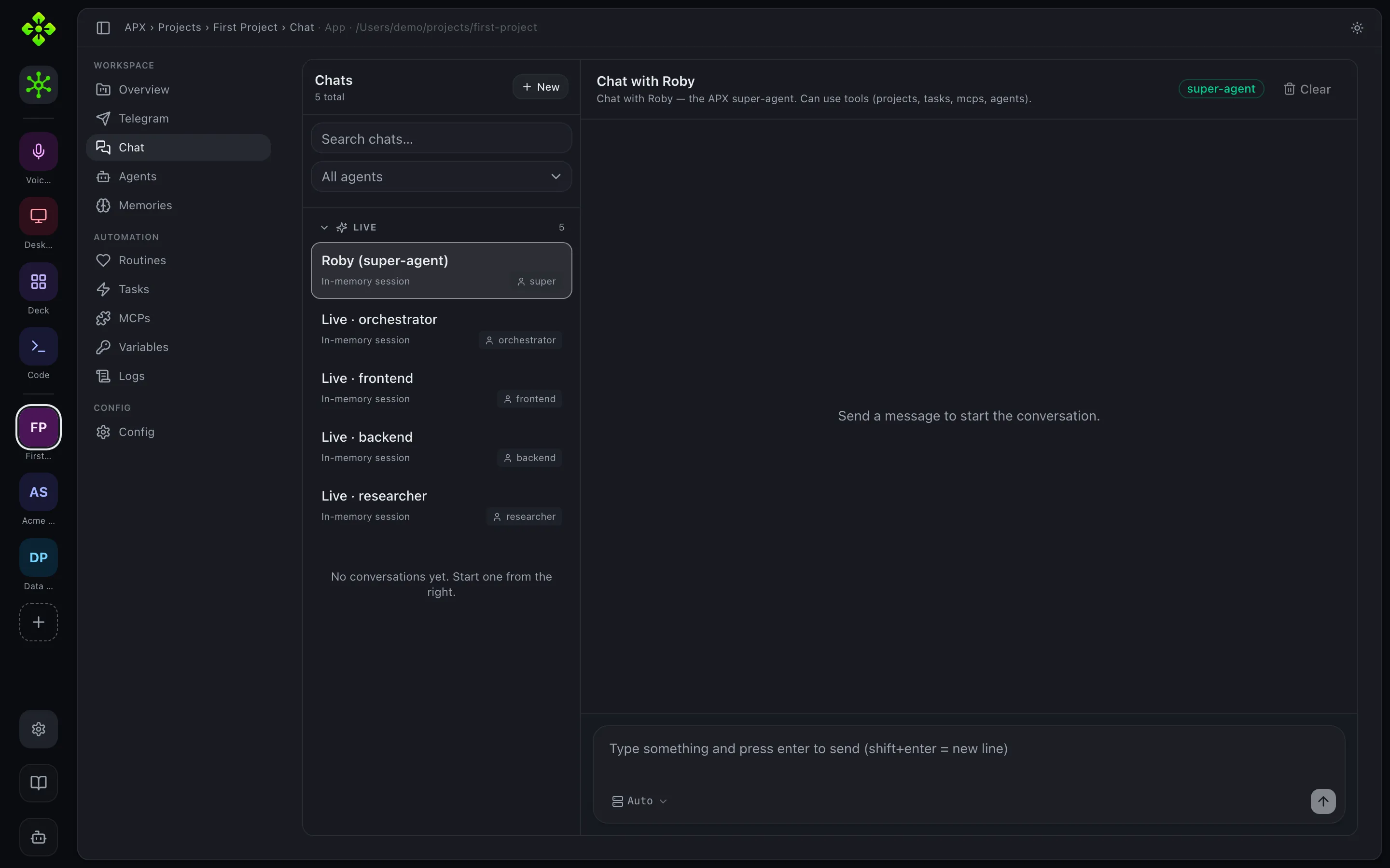 Chat tab — channel-first sidebar with super-agent and per-agent threads