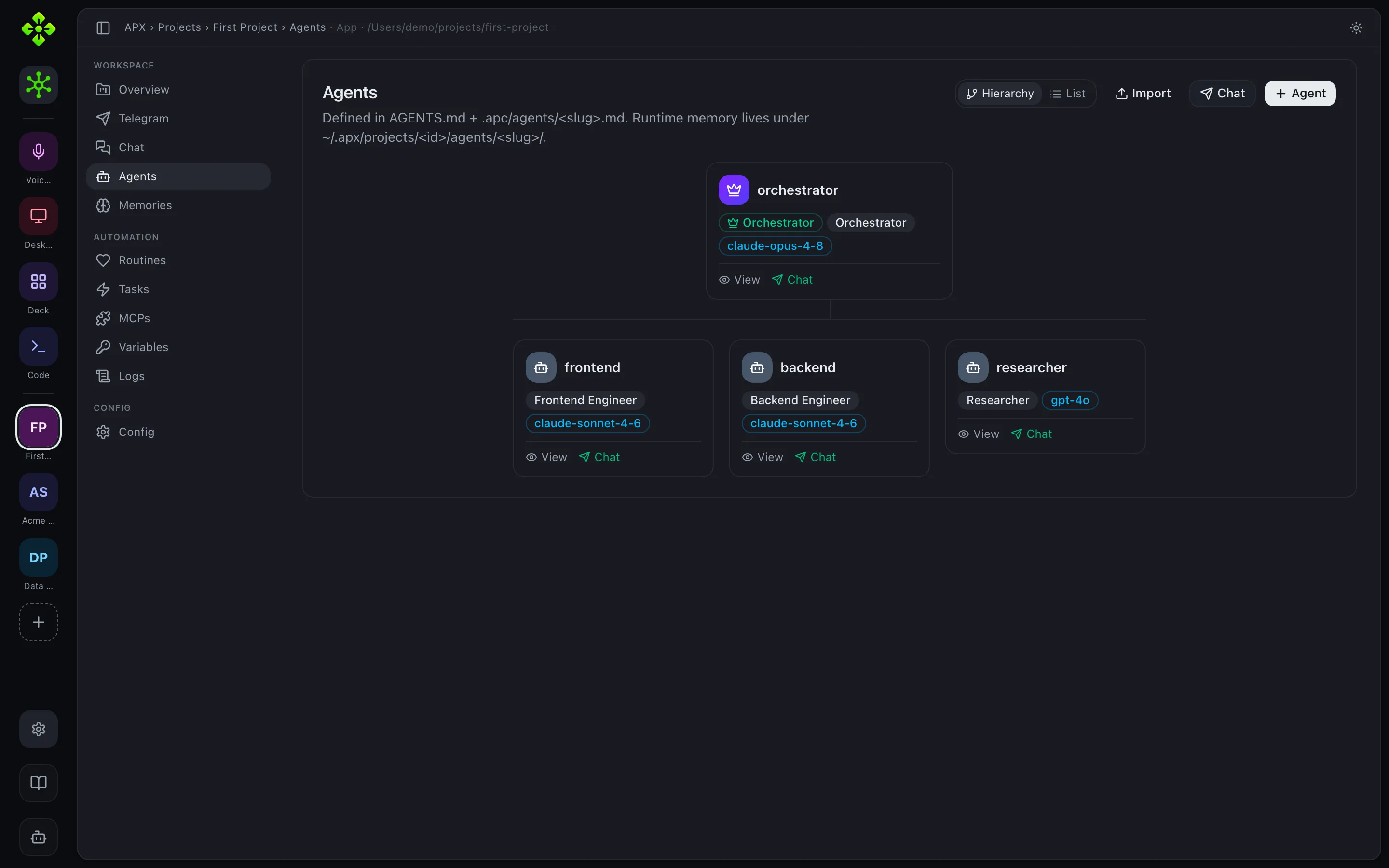 Agents tab — agent list with memory and skill counts