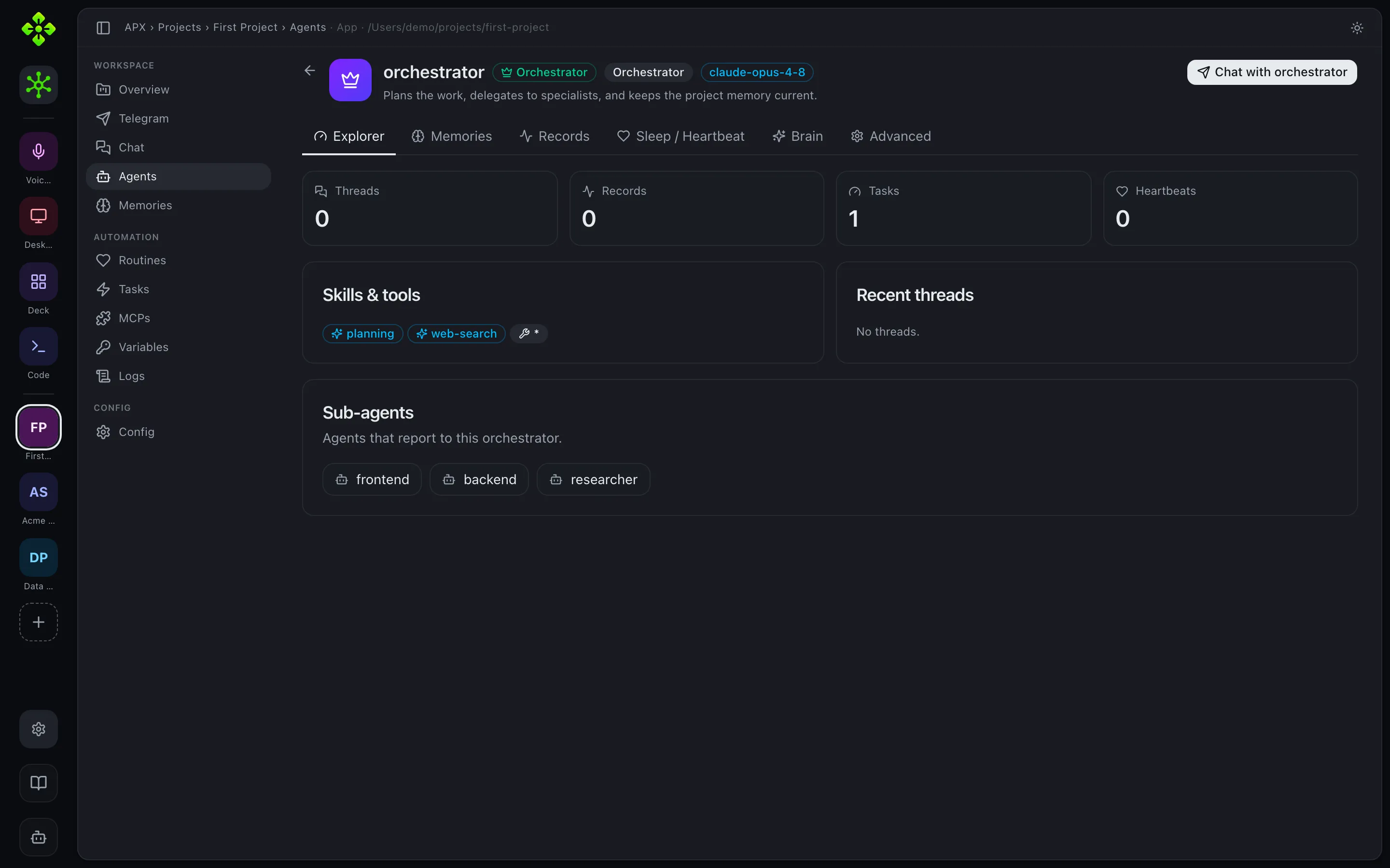 Agent detail — memory, skills, sub-agents, and the brain graph tabs