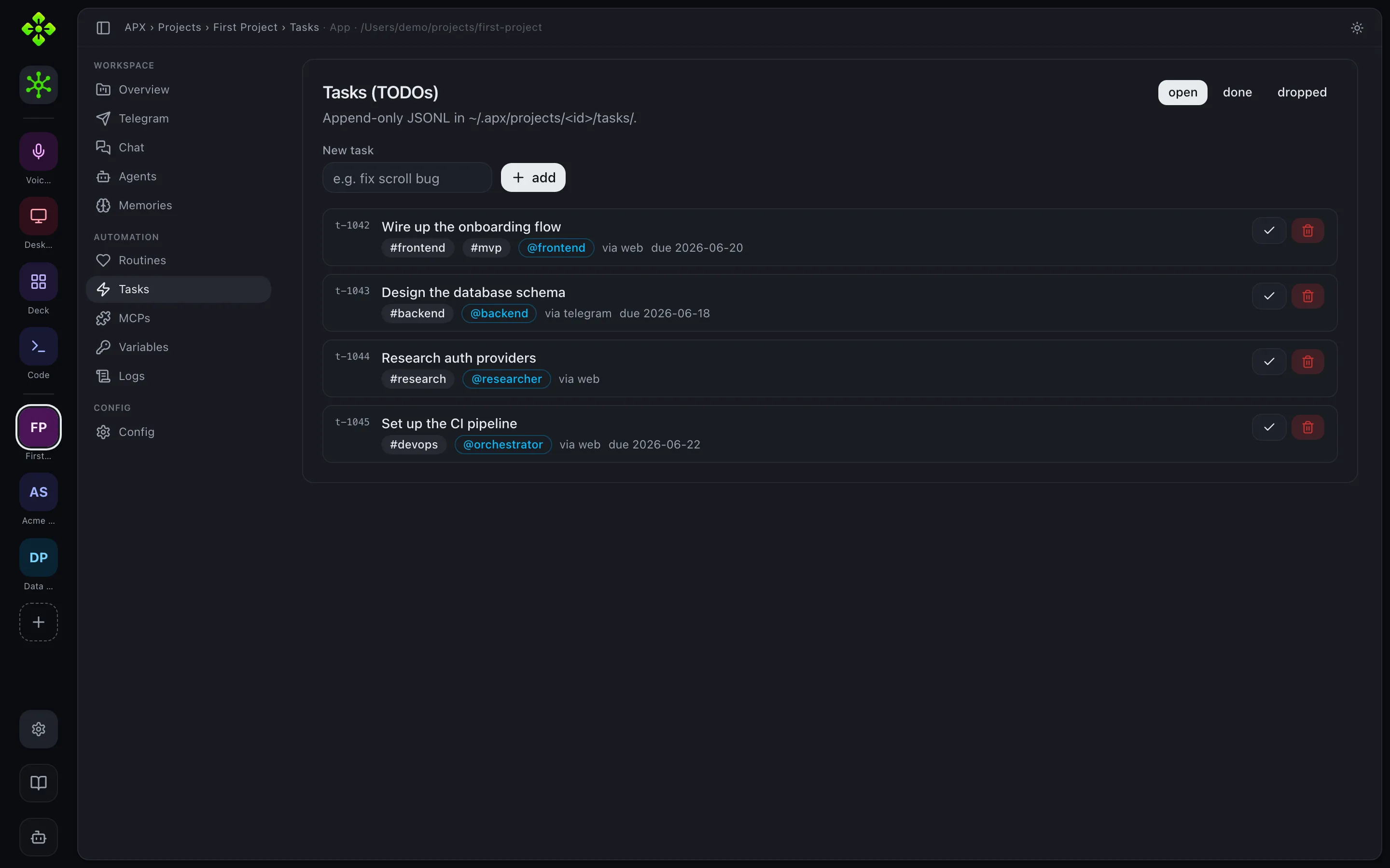 Tasks tab — open tasks with workflow status, tags, due dates, and assigned agents