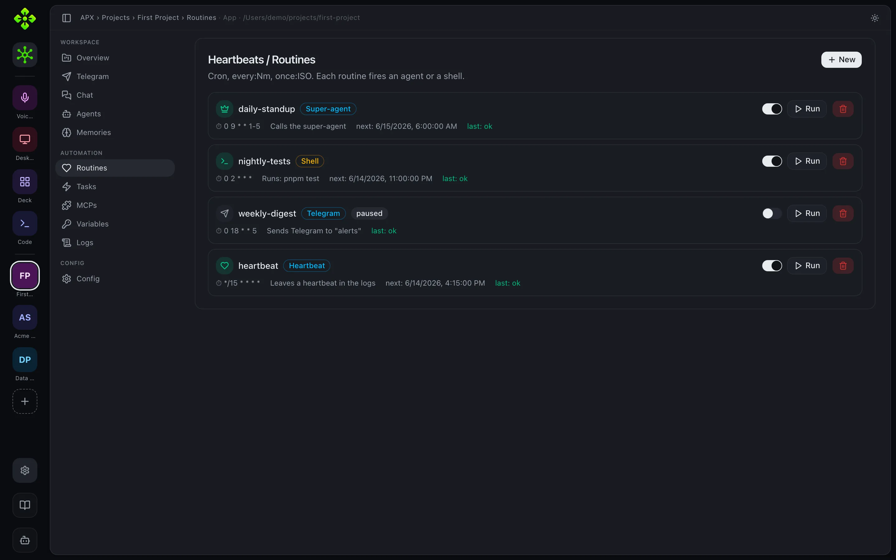 Routines tab — scheduled super-agent, shell, Telegram, and heartbeat routines