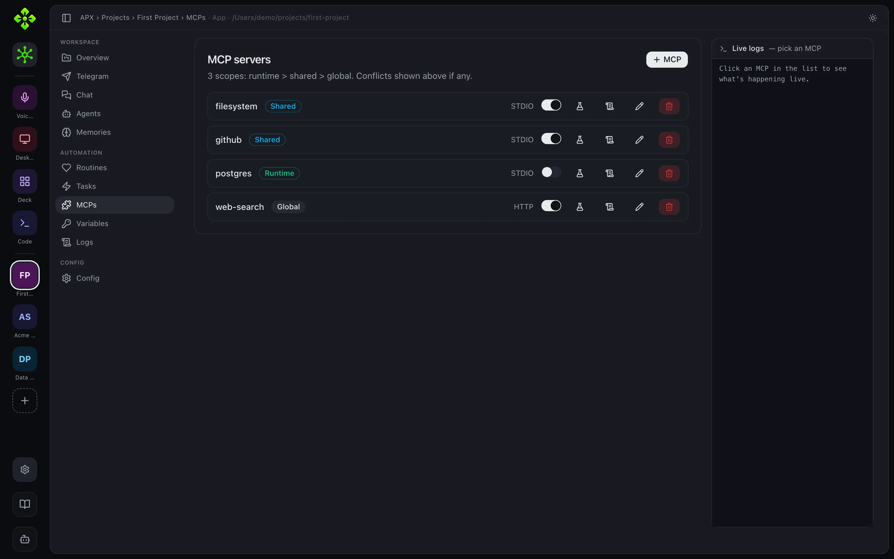 MCP servers — filesystem, GitHub, Postgres, and an HTTP server across scopes