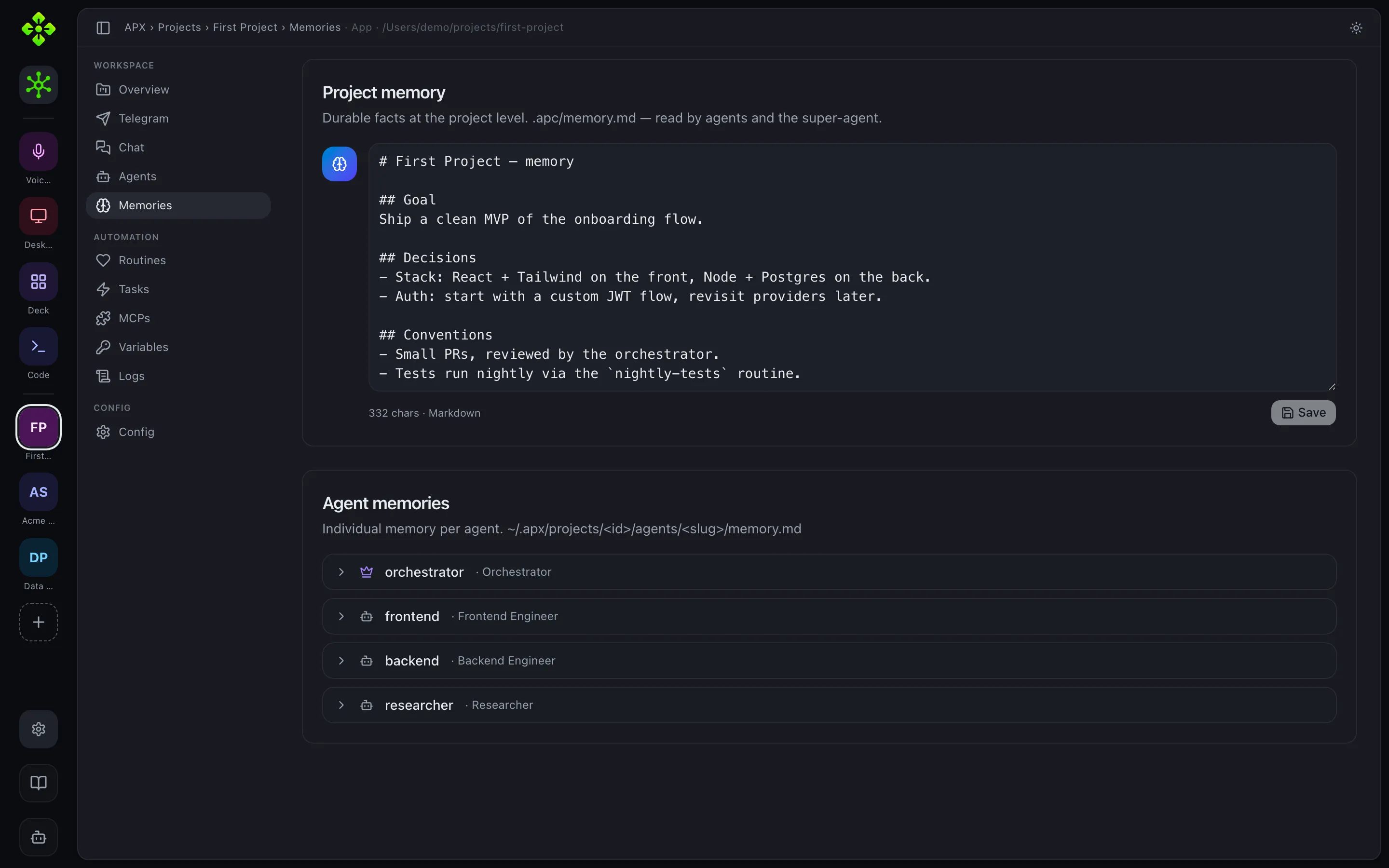 Memories tab — the project memory.md editor