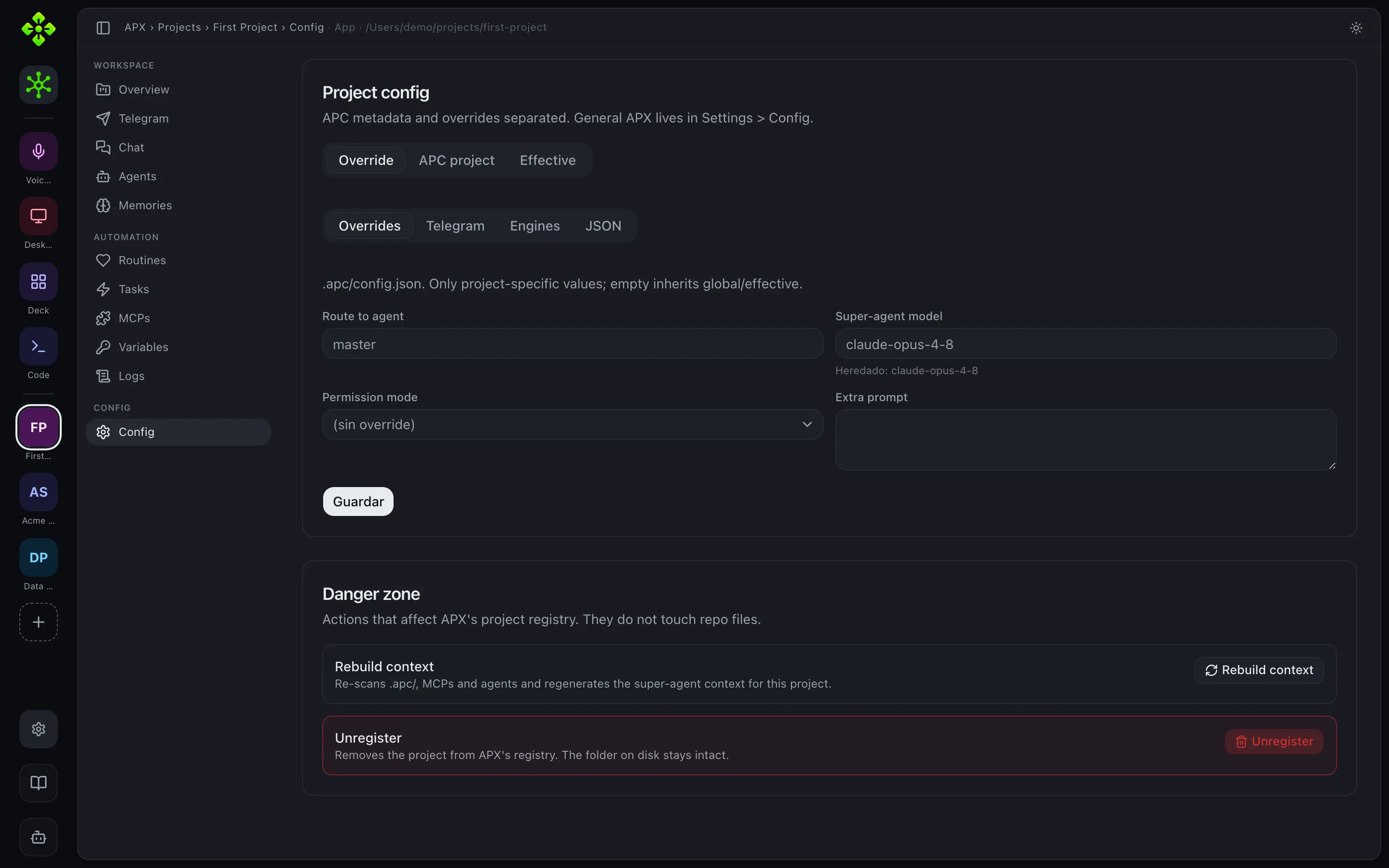 Config tab — effective project configuration and its sources