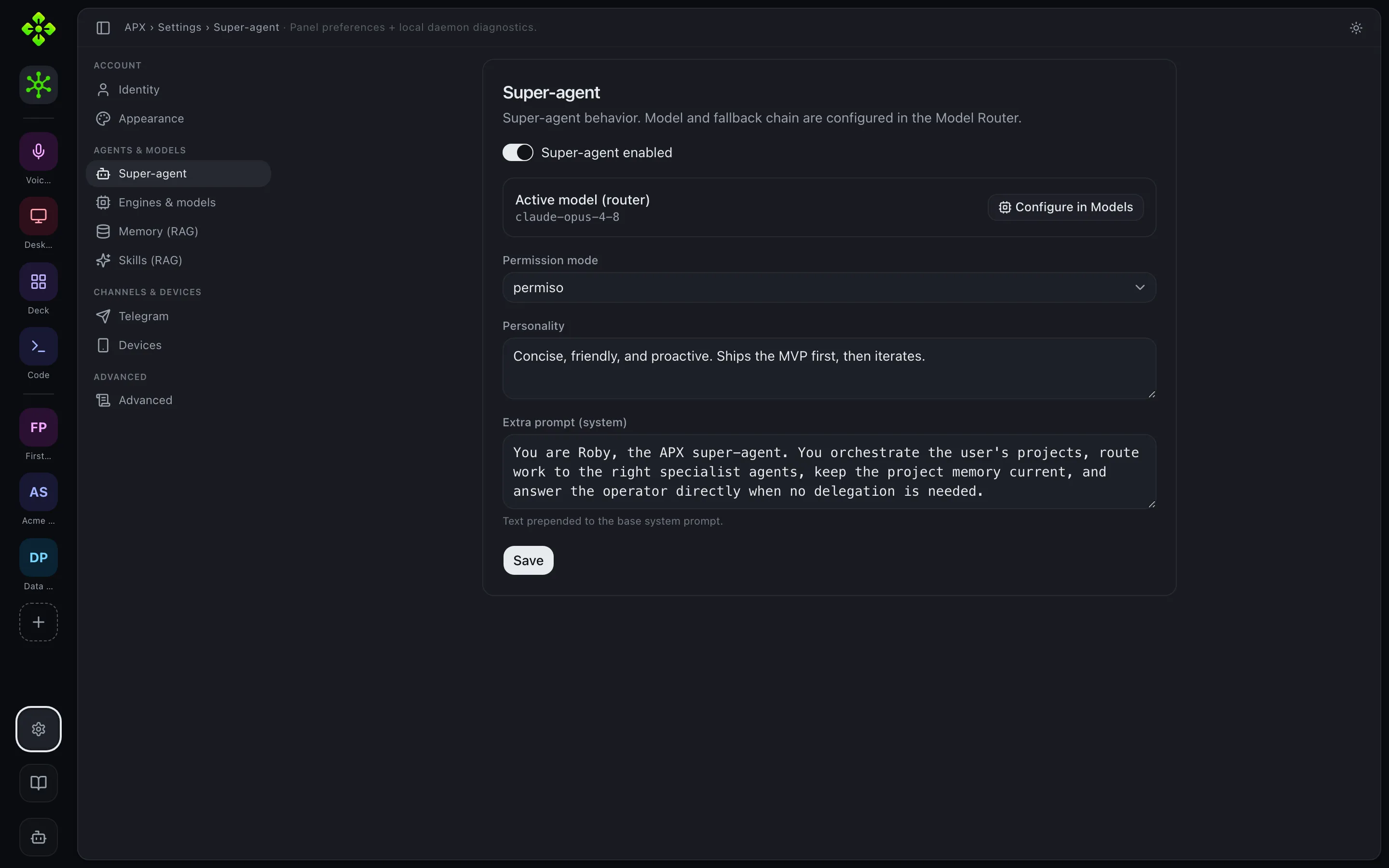 Settings — super-agent behavior, permission mode, and system prompt