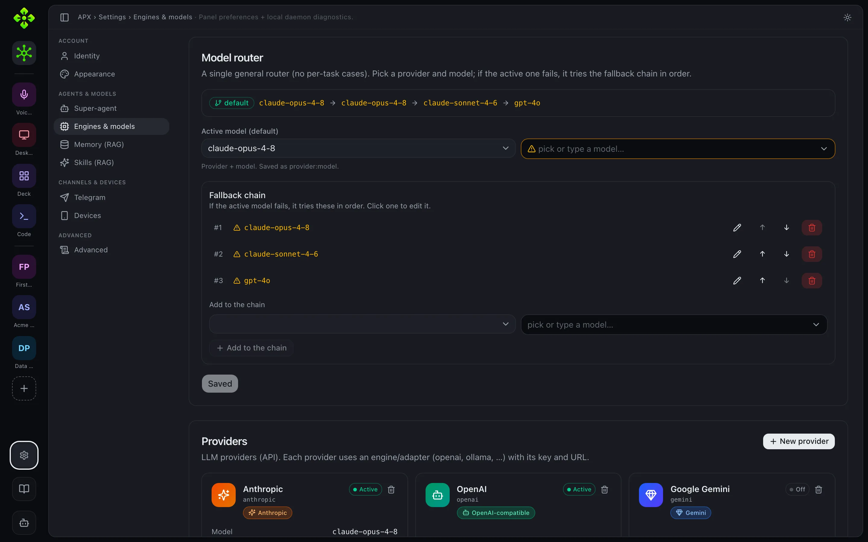Settings — model providers panel