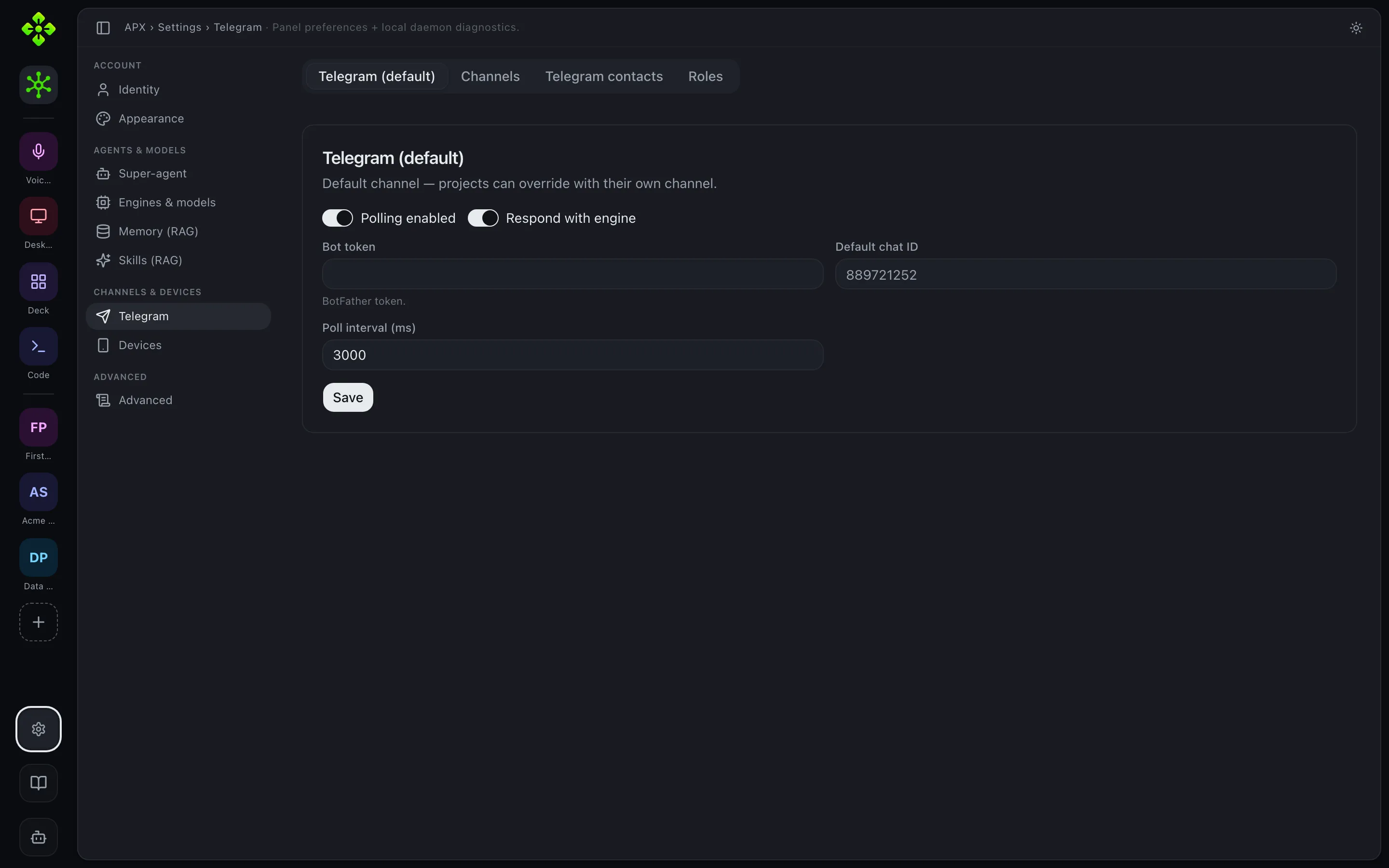 Settings — Telegram channels, contacts, and roles