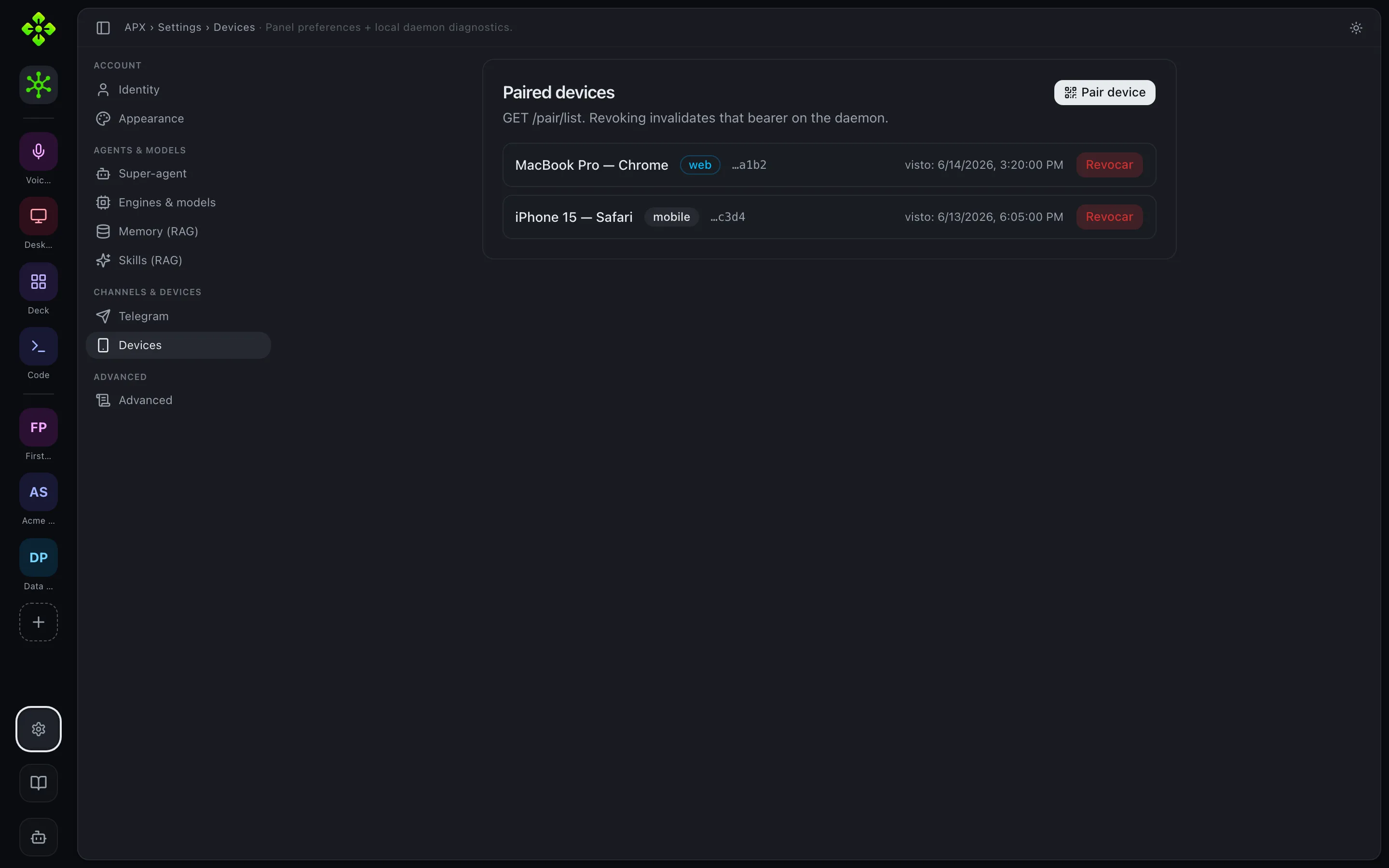 Settings — paired devices with last-seen and revoke