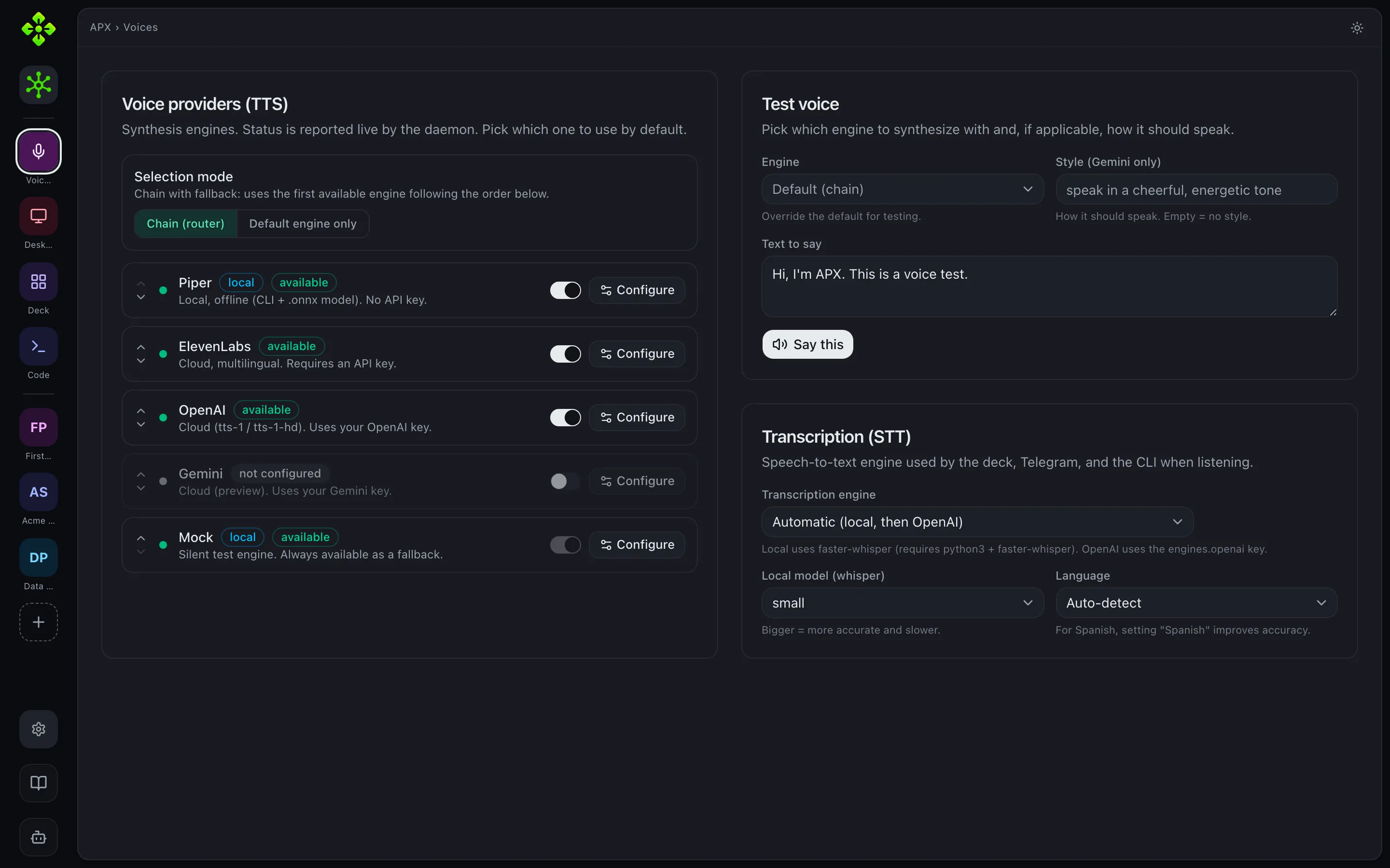 Voices module — TTS provider list with status badges and default picker