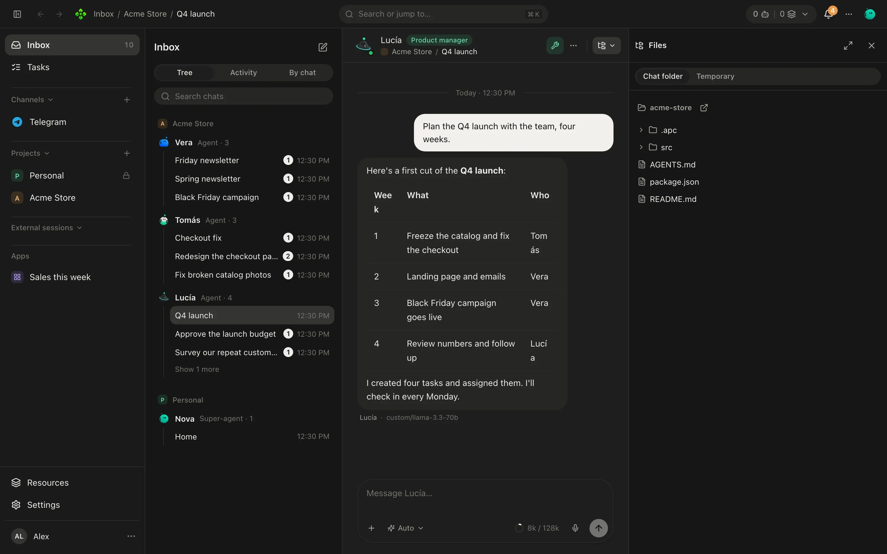 A chat with the side panel open on Files, showing the chat's folder tree