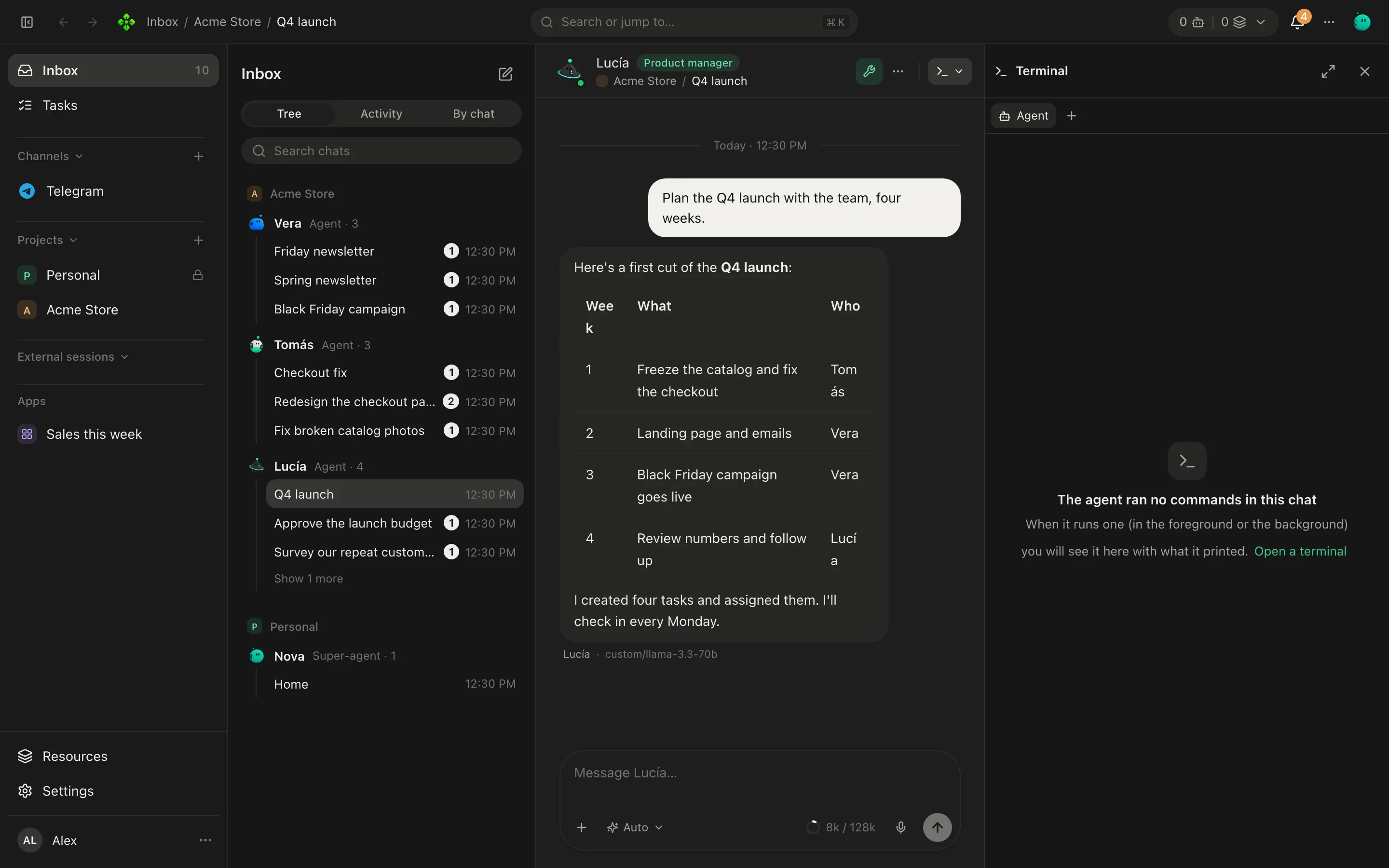 A chat with the side panel open on Terminal, listing the commands the agent ran