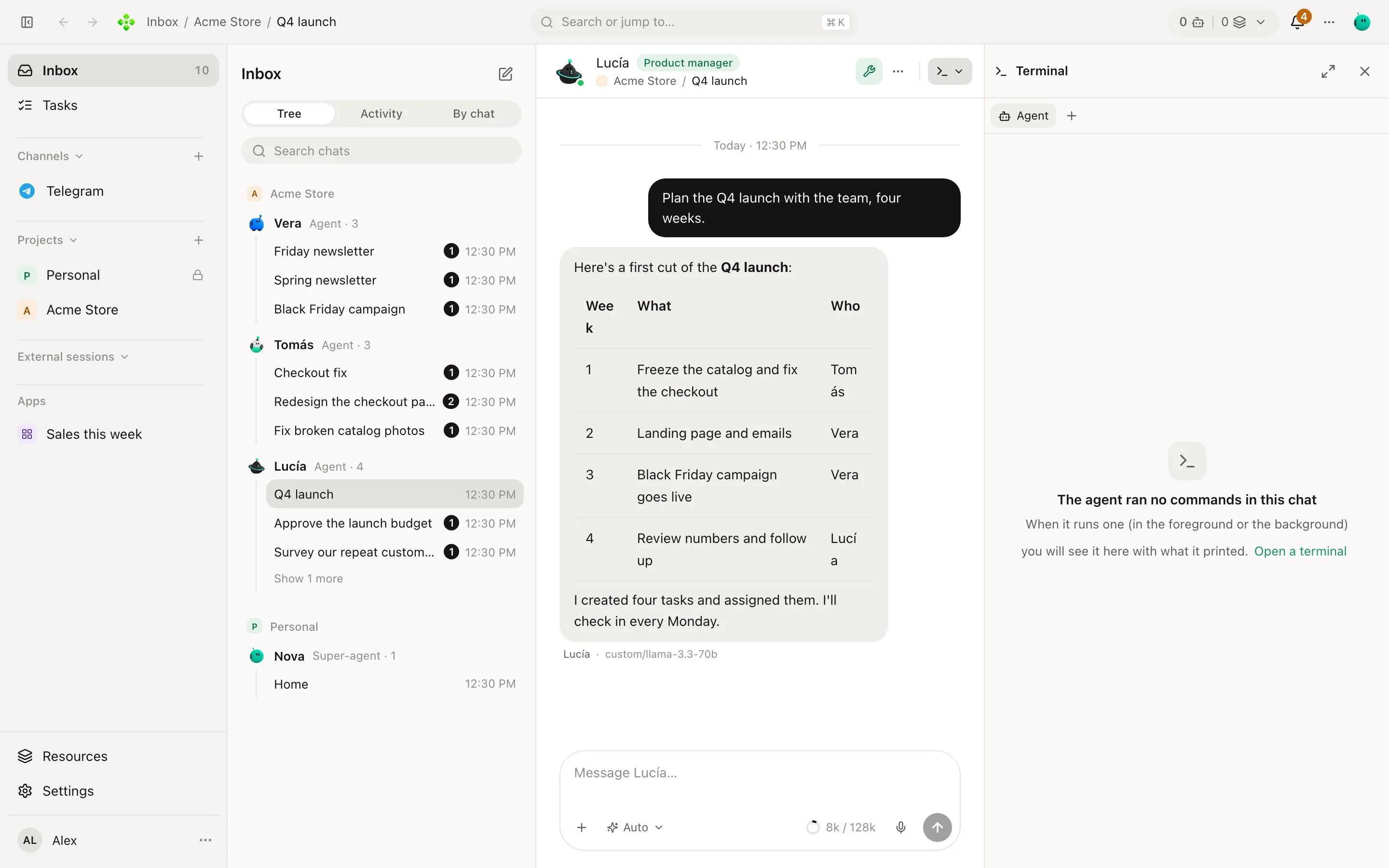A chat with the side panel open on Terminal, listing the commands the agent ran