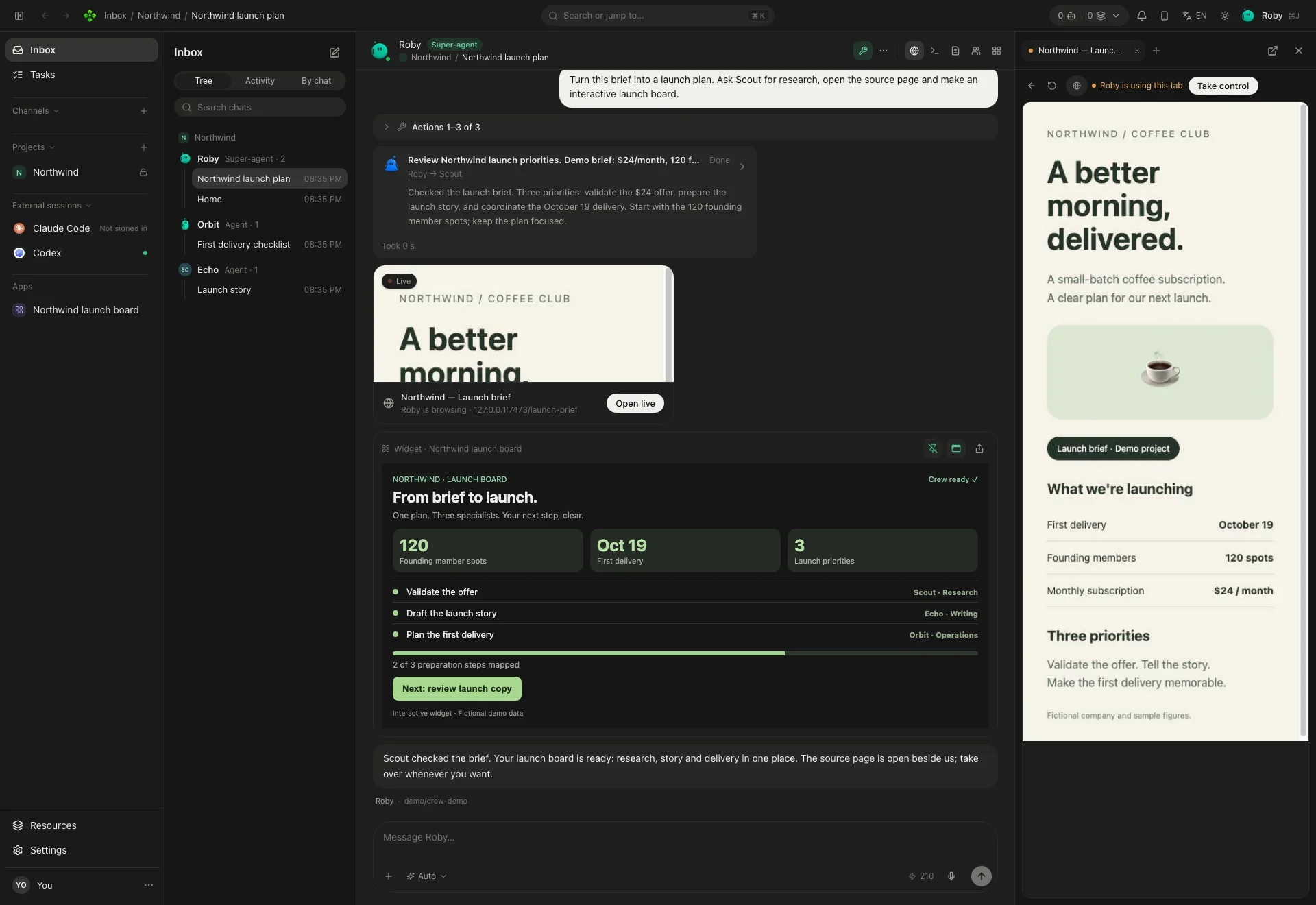 A chat with the super-agent: a task handed to another agent, the browser open on the source page and an interactive launch board widget