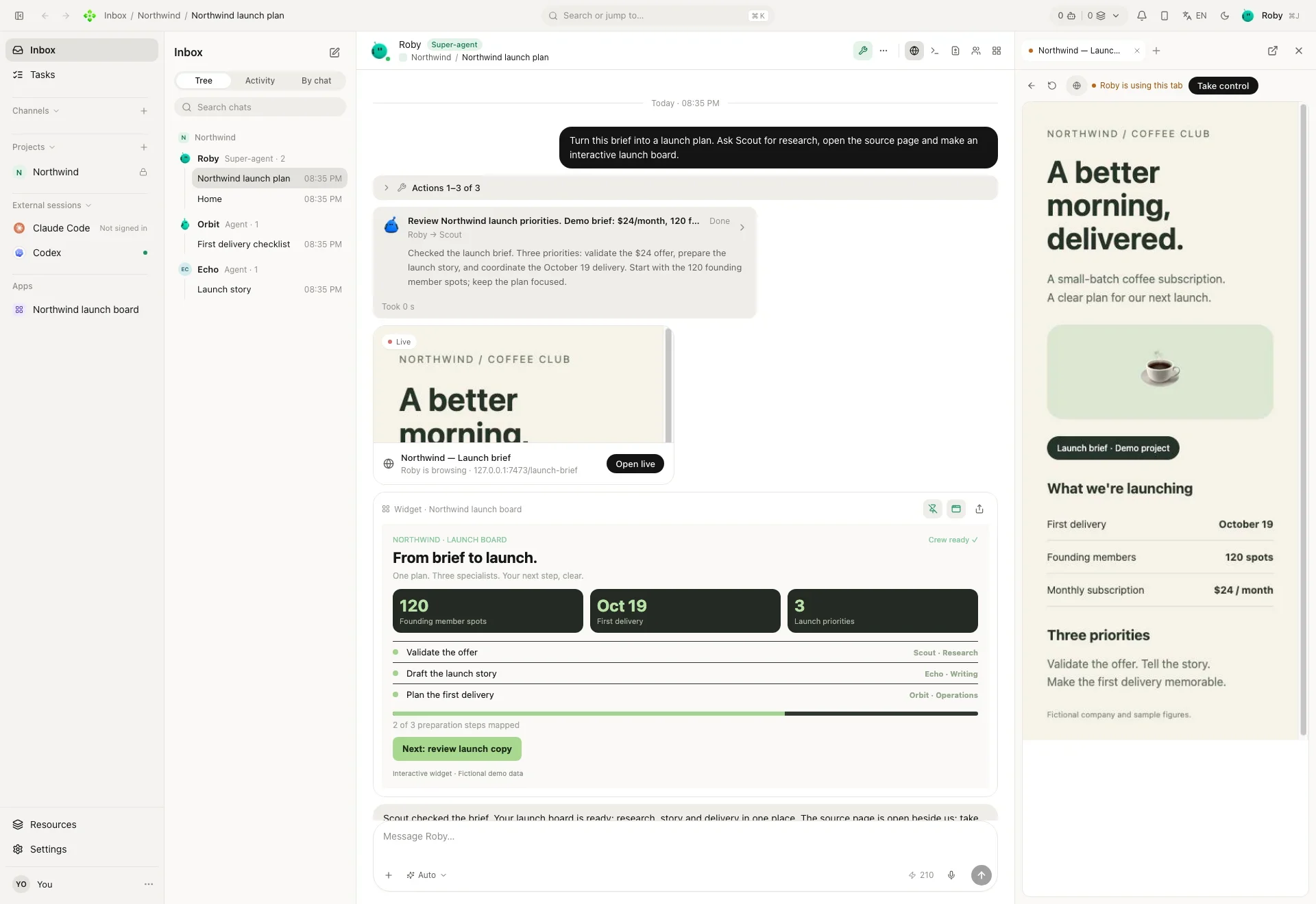A chat with the super-agent: a task handed to another agent, the browser open on the source page and an interactive launch board widget
