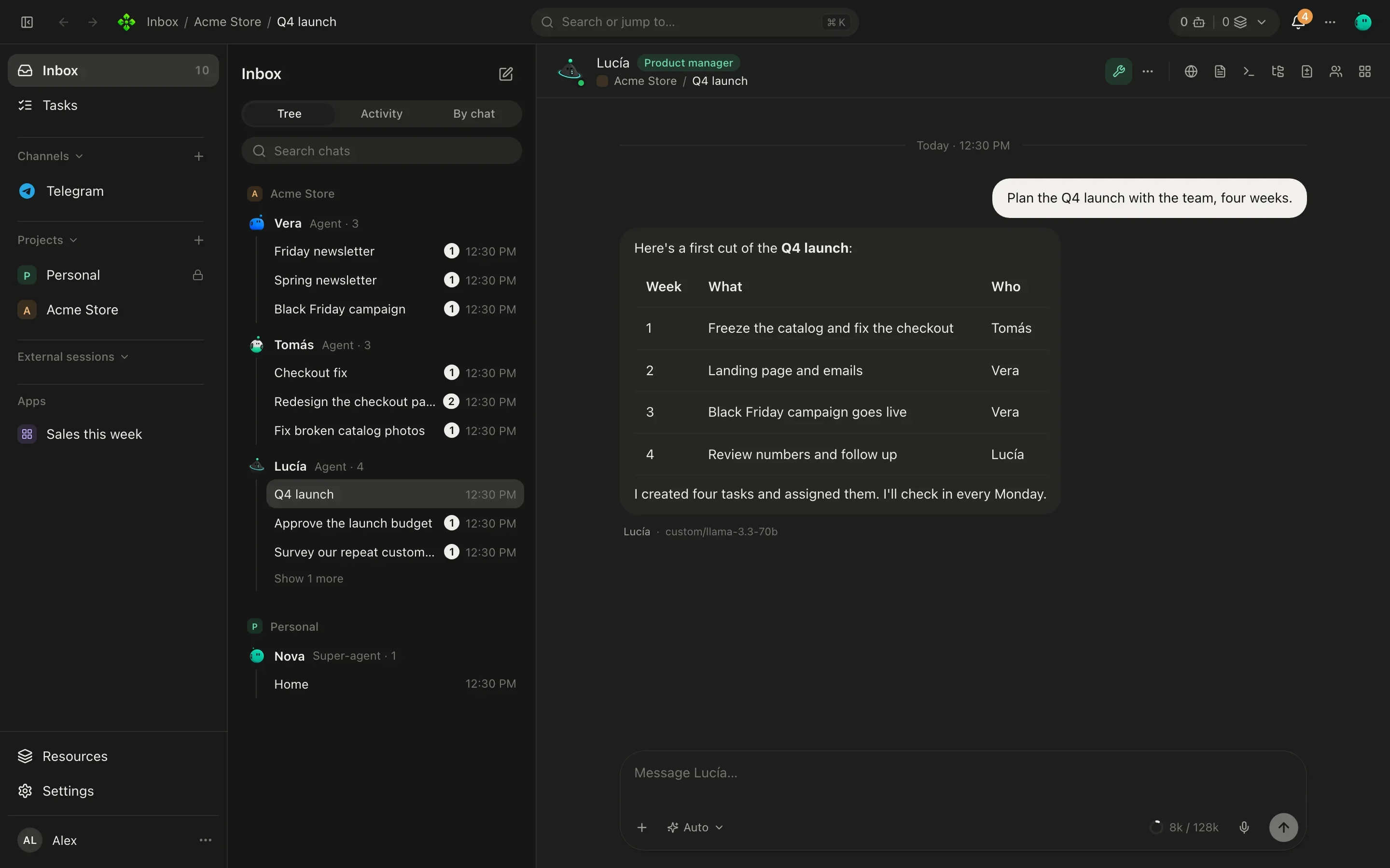 The Inbox in Tree view: Home's chat, chats with project agents and a group chat, grouped by project and agent