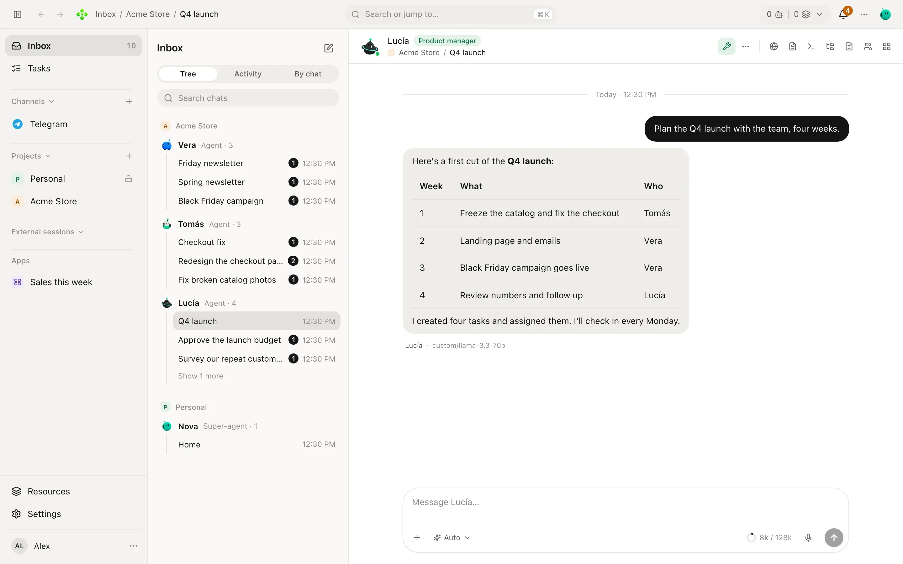 The Inbox in Tree view: Home's chat, chats with project agents and a group chat, grouped by project and agent