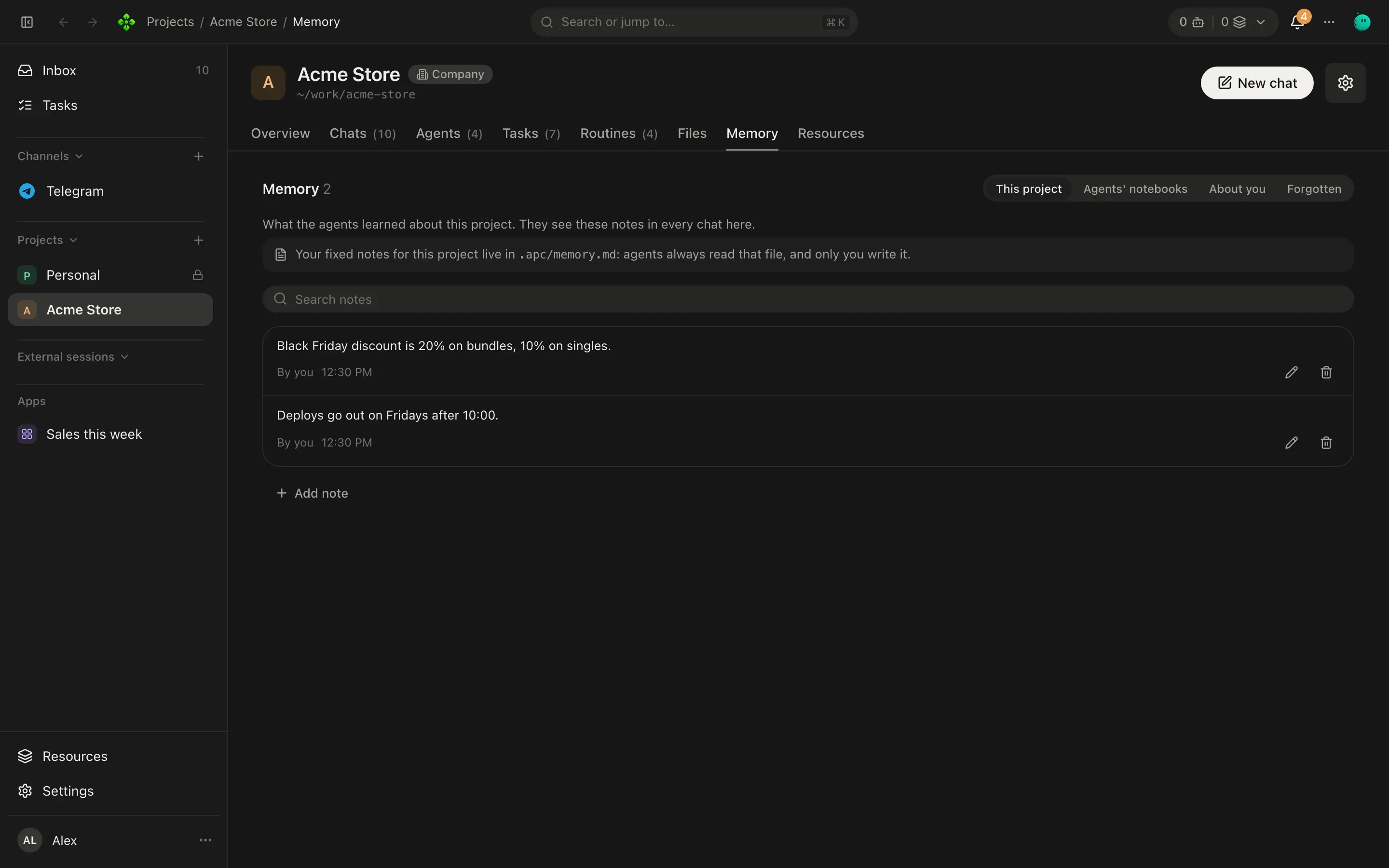Acme Store's Memory tab: project notes with who wrote each one, and a search box