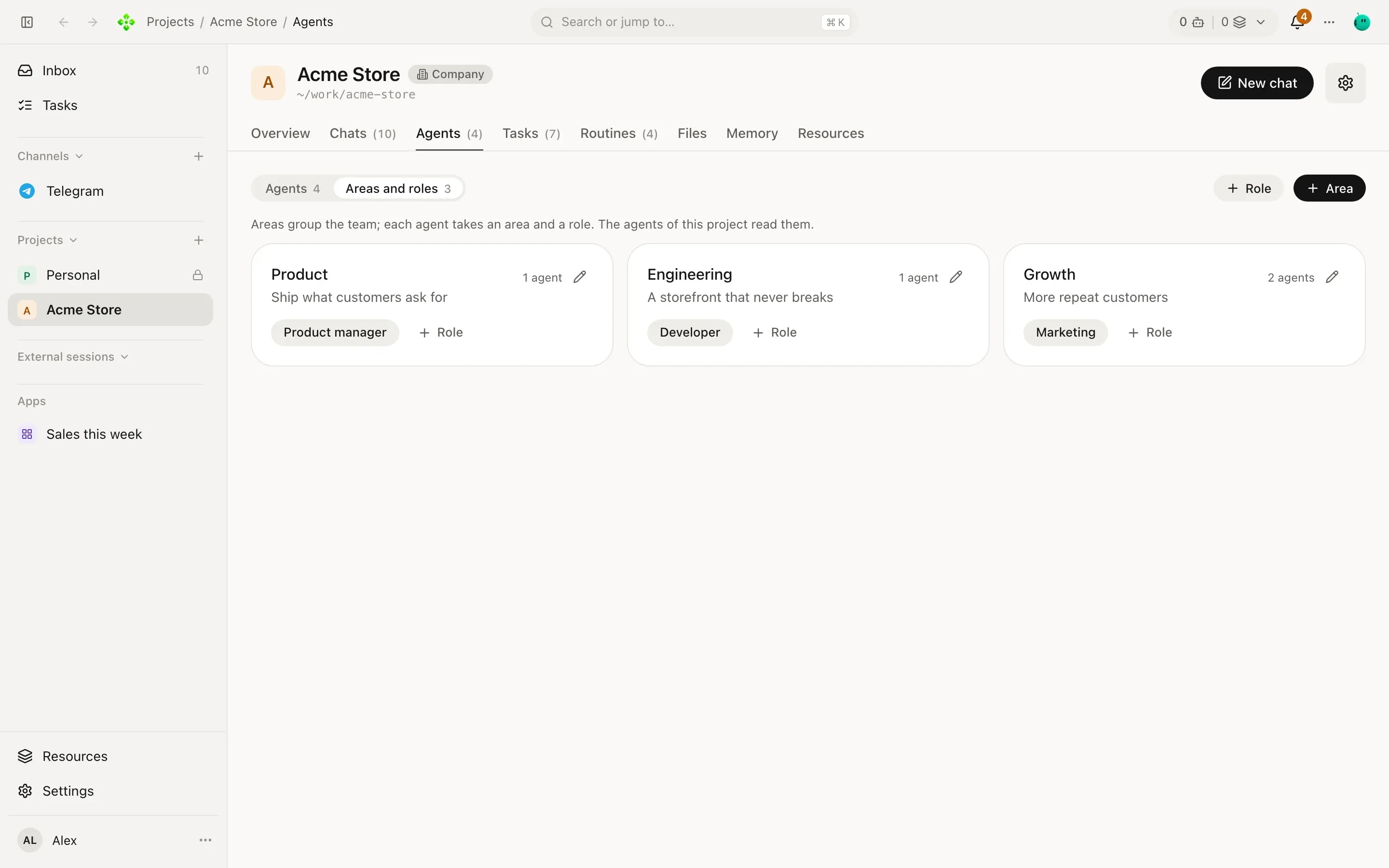 The Areas and roles view: Product, Engineering and Growth areas with their roles and agents