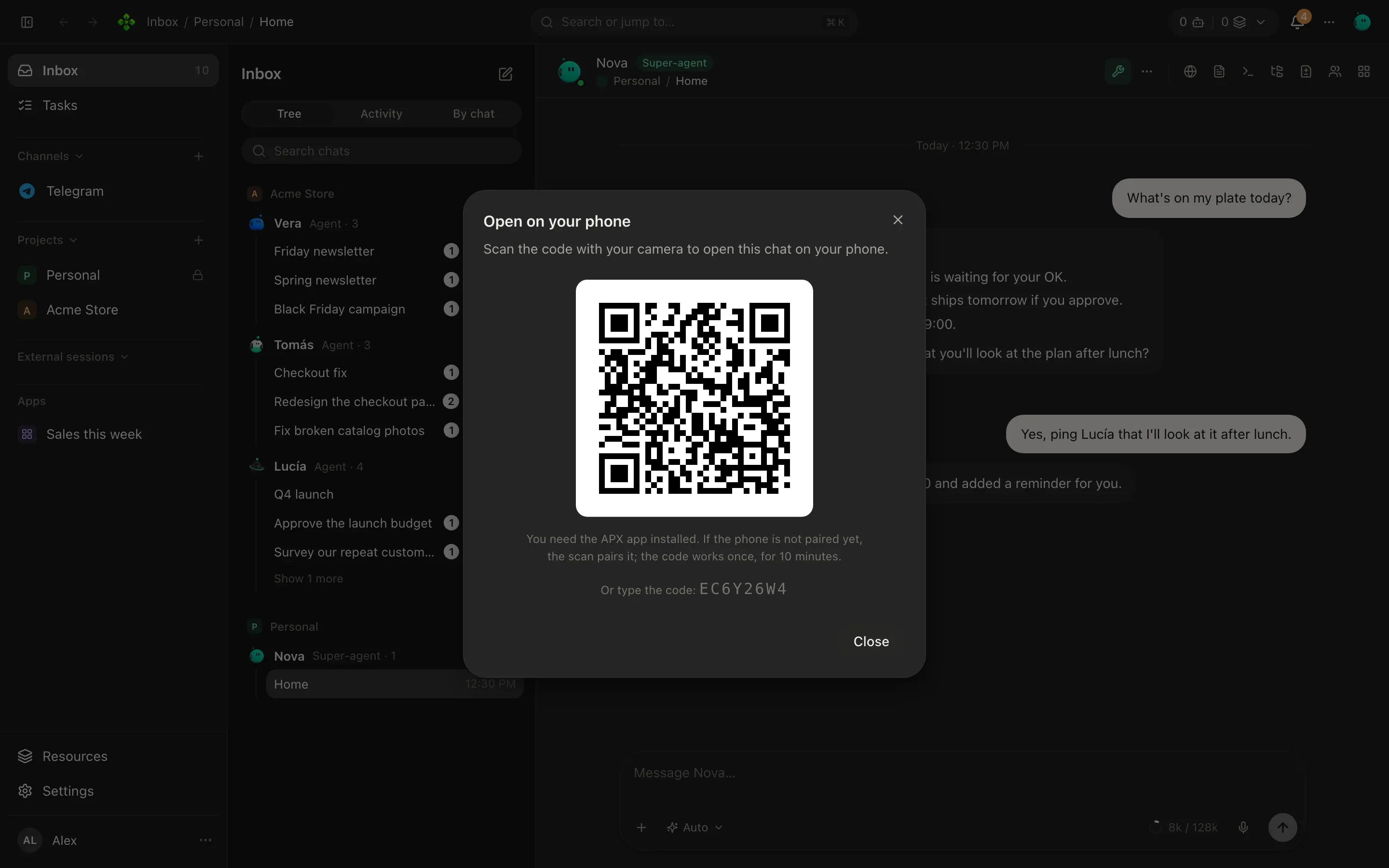 The Open on your phone dialog with a pairing QR code and the code typed out below it