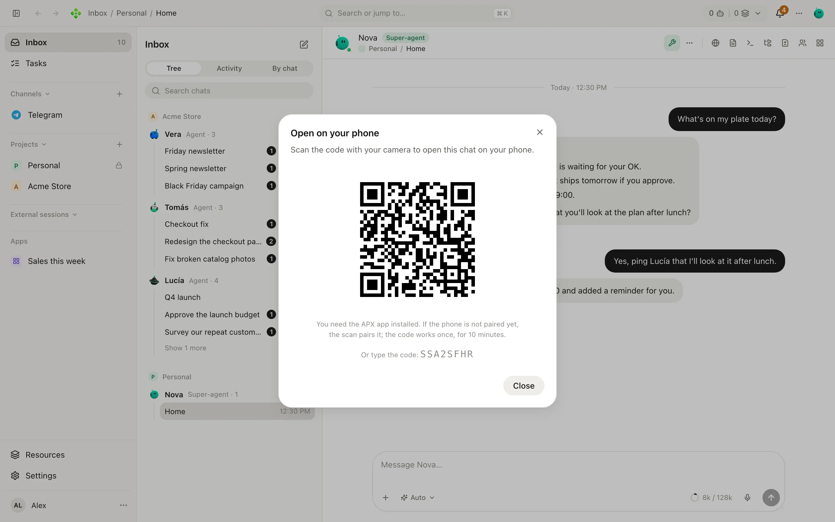 The Open on your phone dialog with a pairing QR code and the code typed out below it