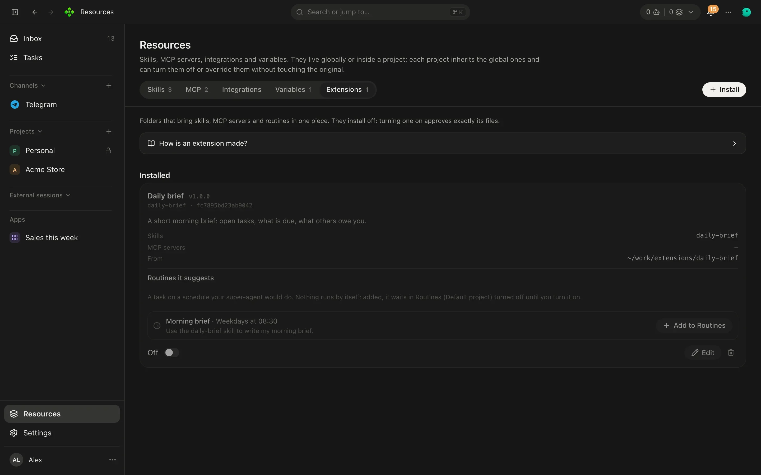 Resources, Extensions tab: installed extensions with their on or off switch, skills, servers and routines