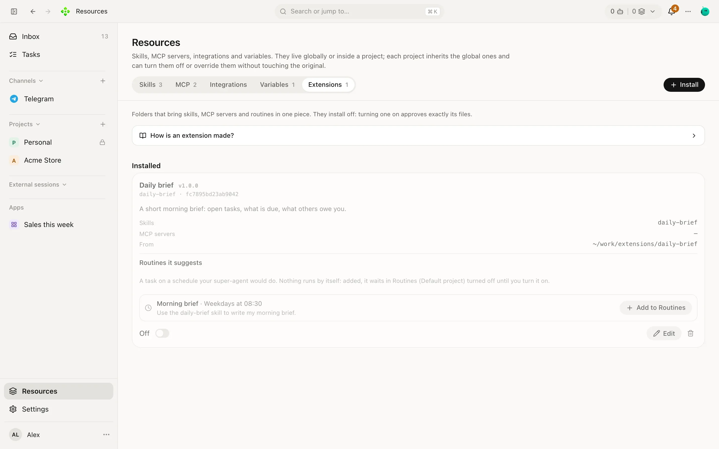 Resources, Extensions tab: installed extensions with their on or off switch, skills, servers and routines