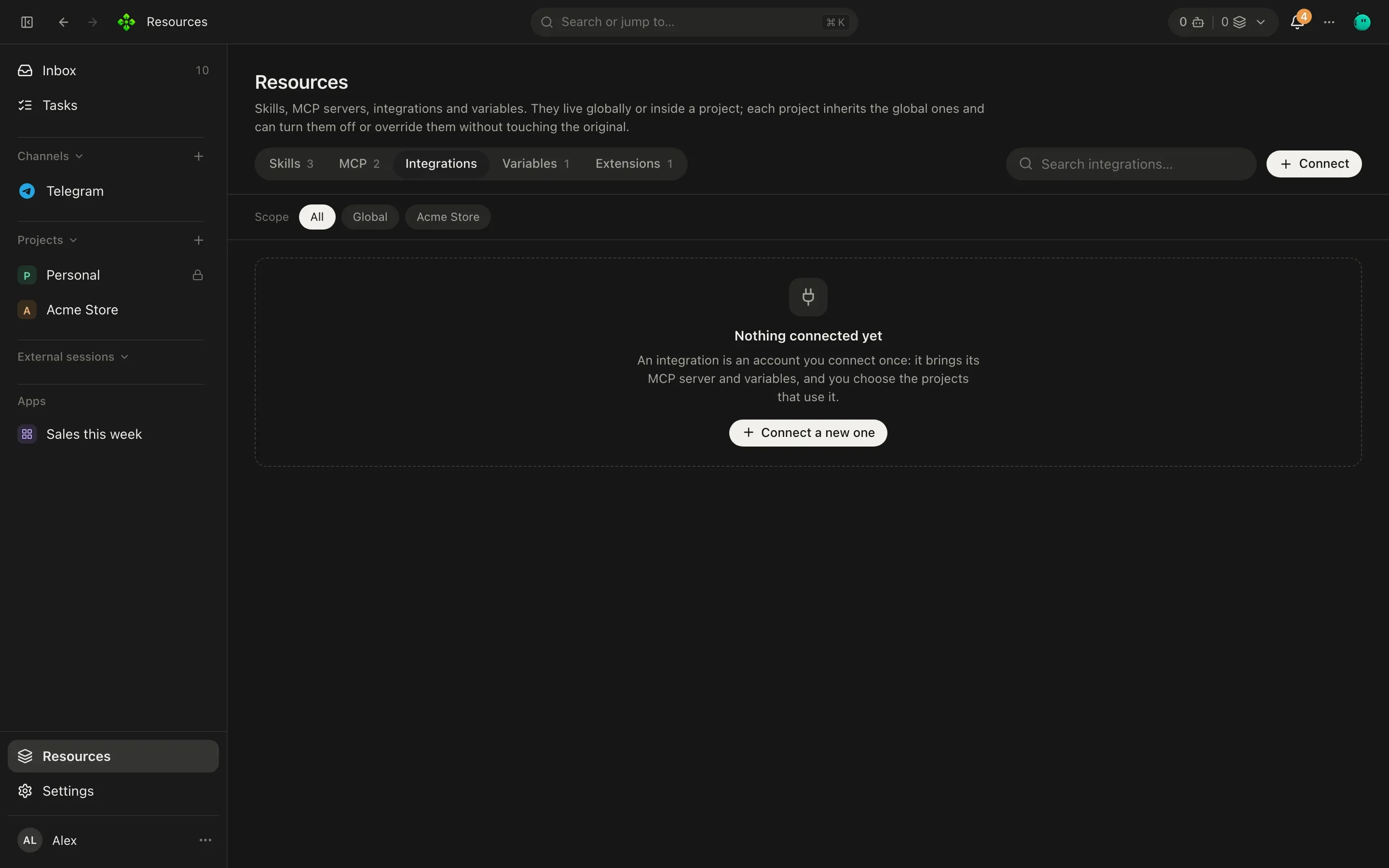 Resources, Integrations tab: connected integrations and the catalog of ones that can be connected