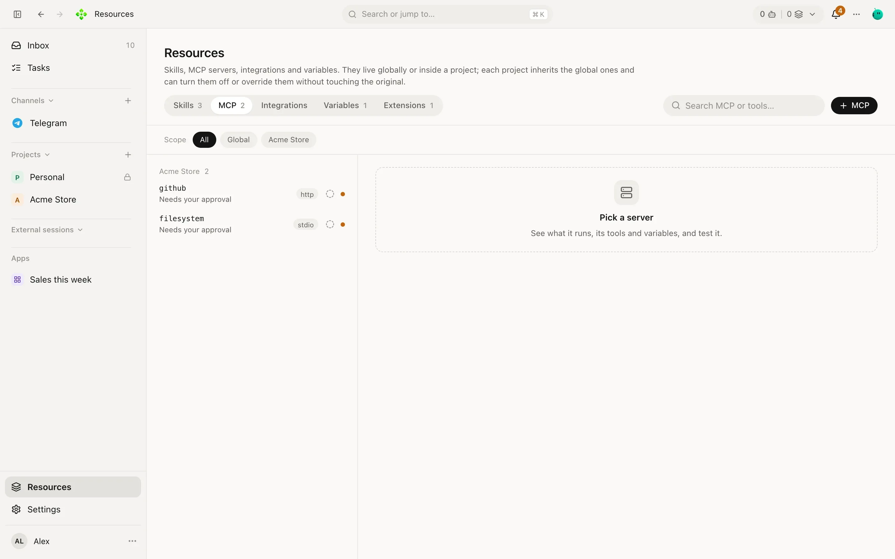 Resources, MCP tab: a list of MCP servers with their status and tool counts, one open with its command and tools