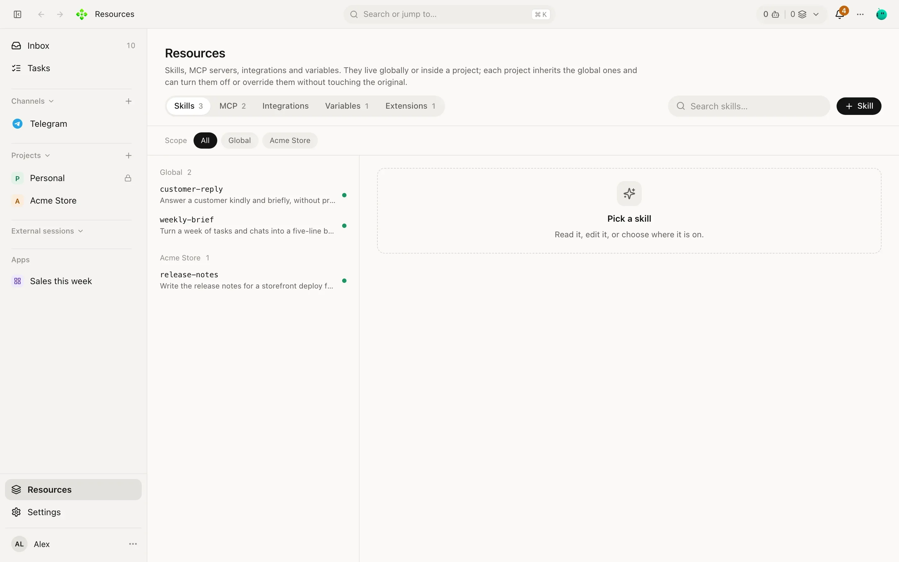 Resources, Skills tab: a list of global and project skills with one open, showing its description and where it is on