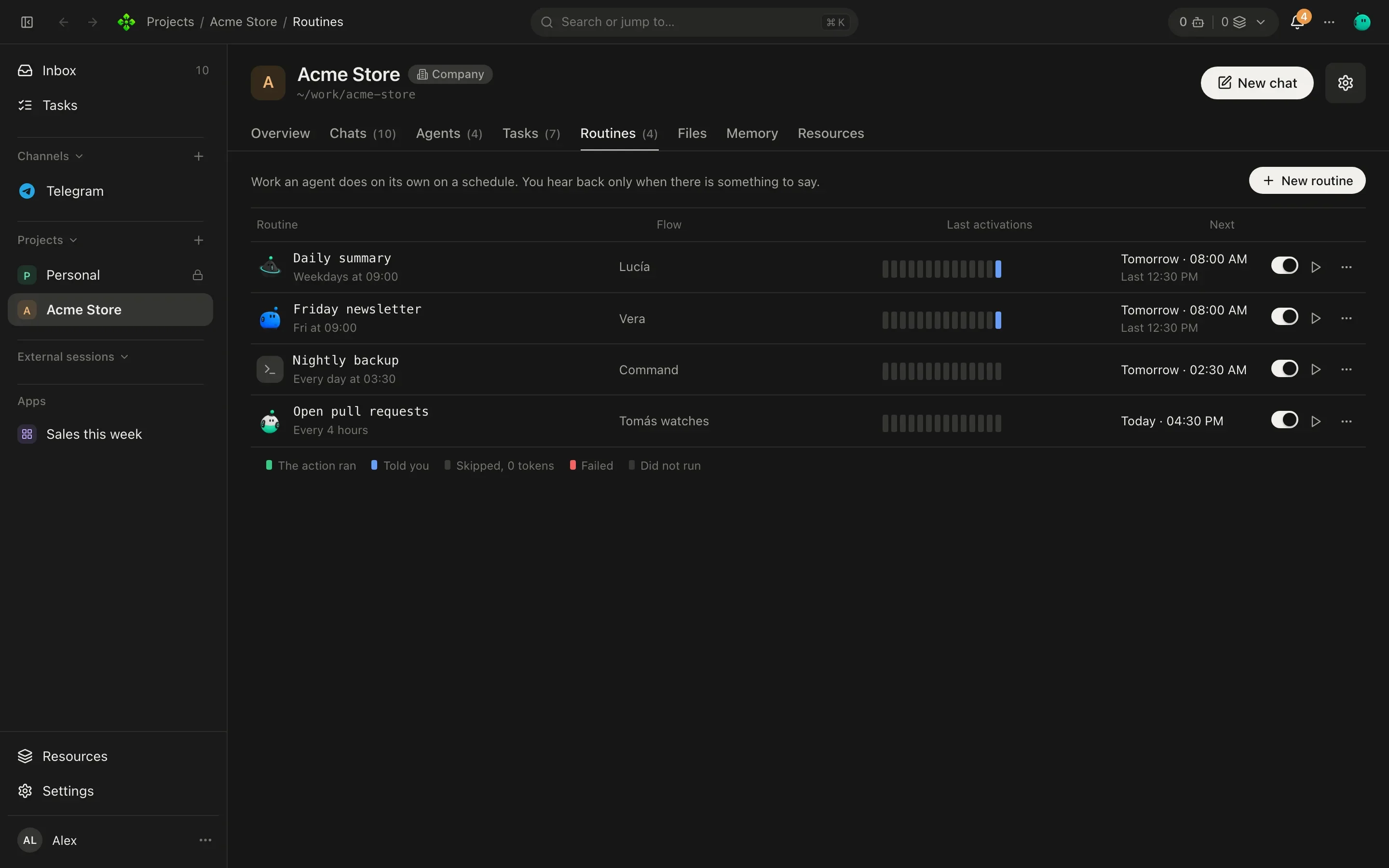 A project's Routines tab: each routine with its flow, a row of 14 activation bars and its next run