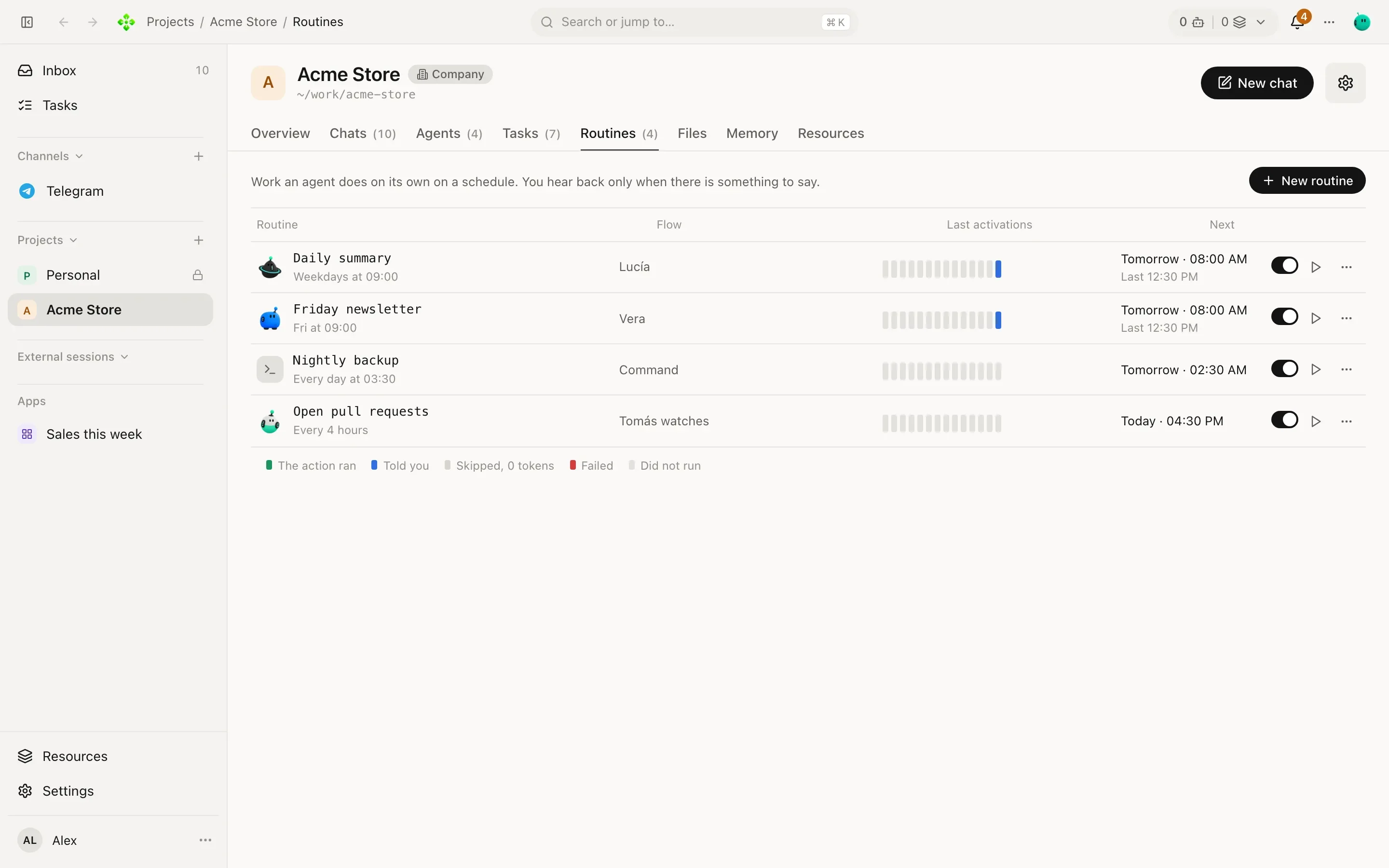 A project's Routines tab: each routine with its flow, a row of 14 activation bars and its next run