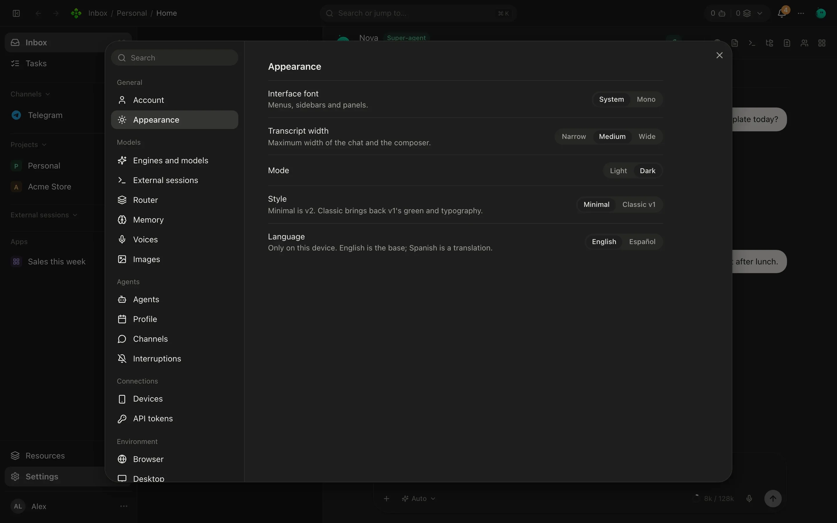 Settings, Appearance section: interface font, transcript width, mode, style and language