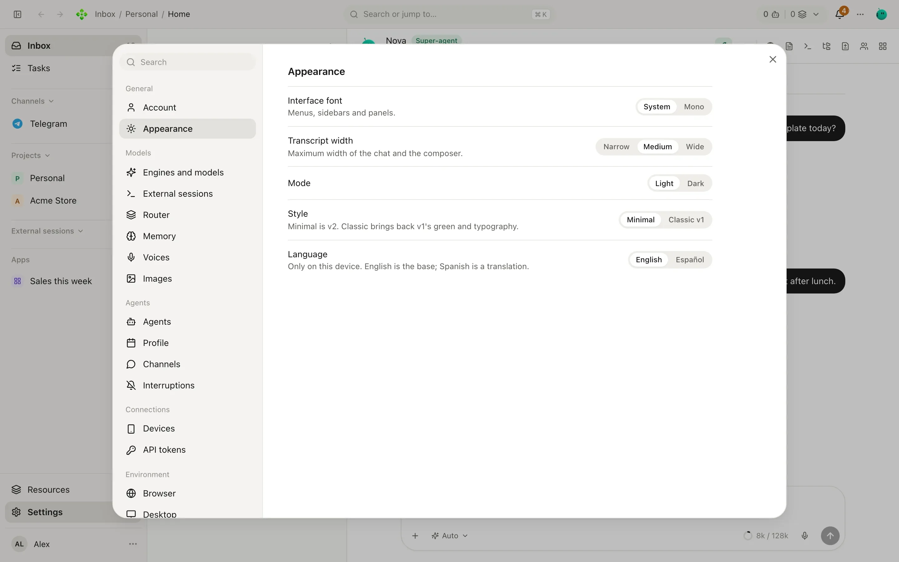 Settings, Appearance section: interface font, transcript width, mode, style and language