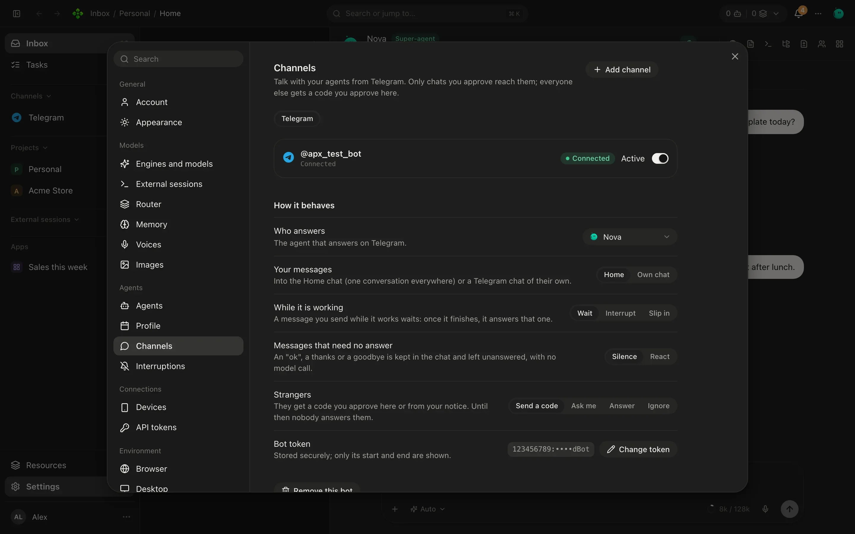 Settings, Channels section: a connected Telegram bot with its status, who answers, and how it behaves