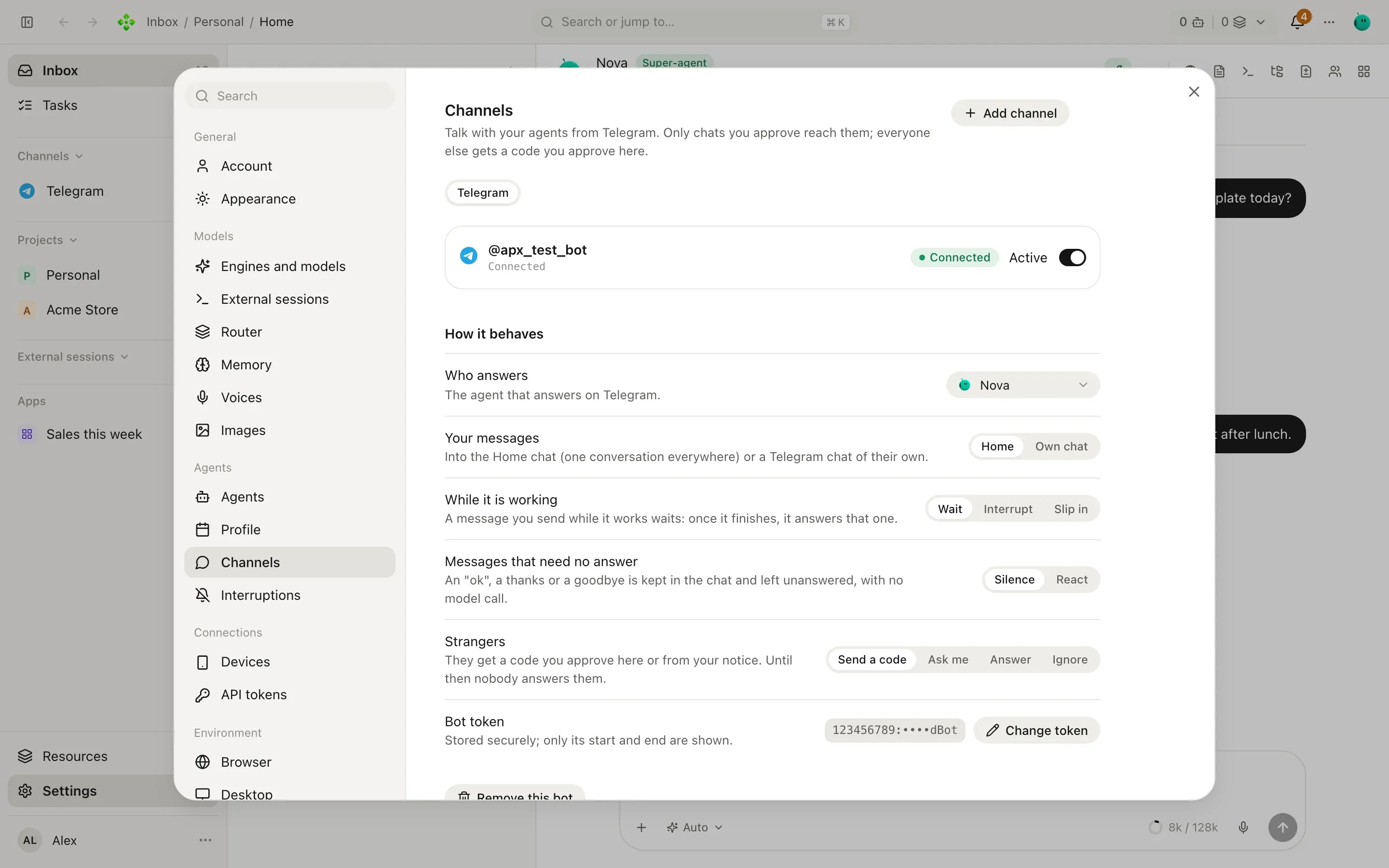 Settings, Channels section: a connected Telegram bot with its status, who answers, and how it behaves