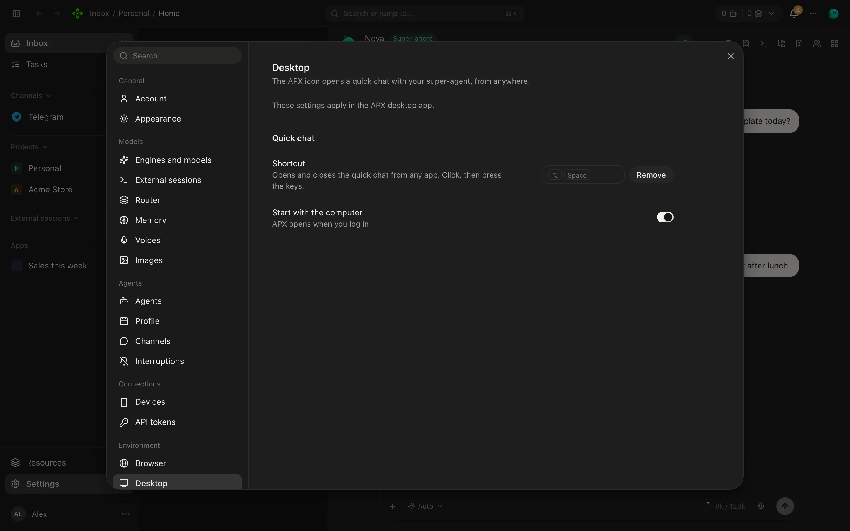 Settings, Desktop: quick chat shortcut, start with the computer, and the Computer use switch with Screen Recording and Accessibility permissions