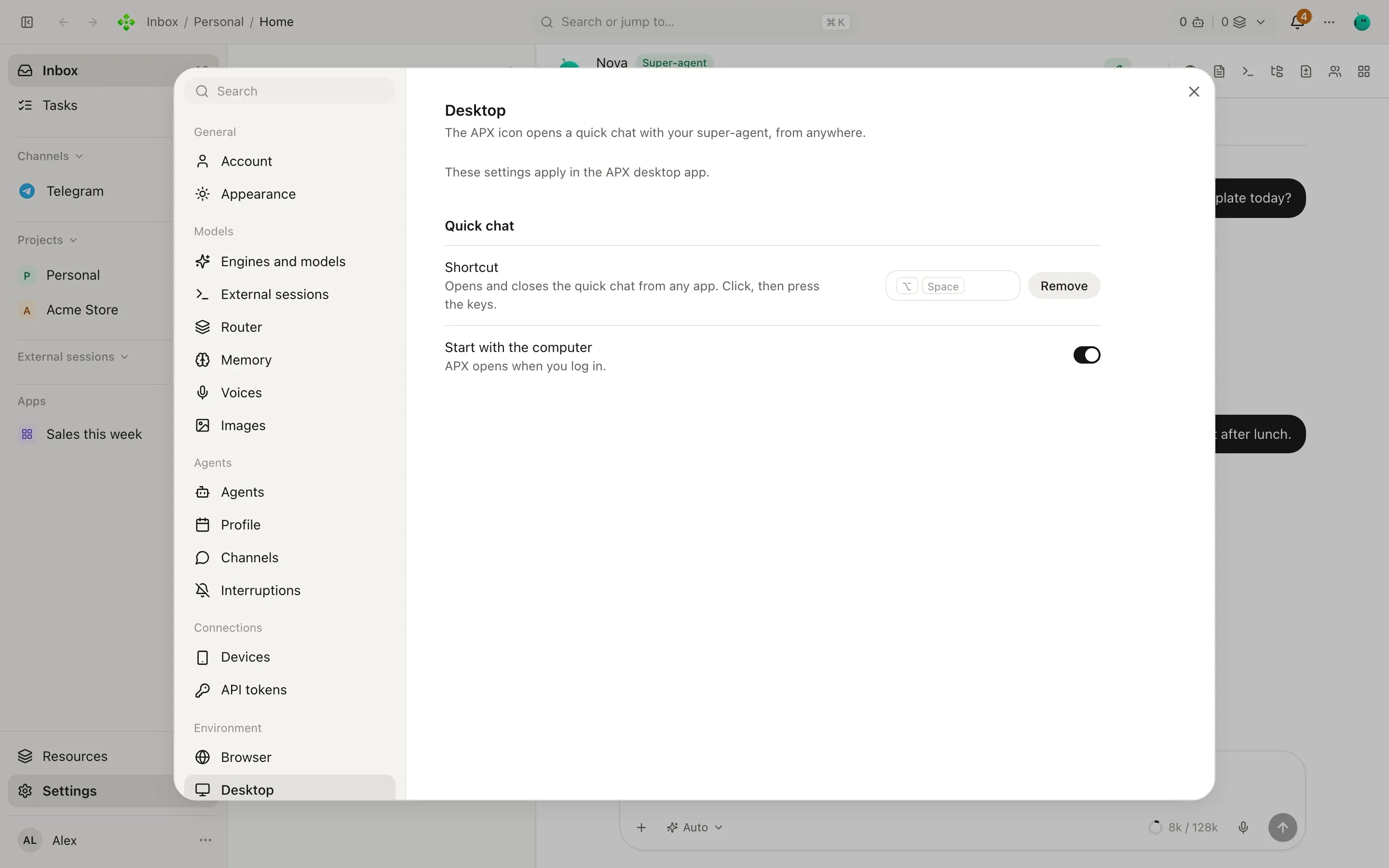 Settings, Desktop: quick chat shortcut, start with the computer, and the Computer use switch with Screen Recording and Accessibility permissions
