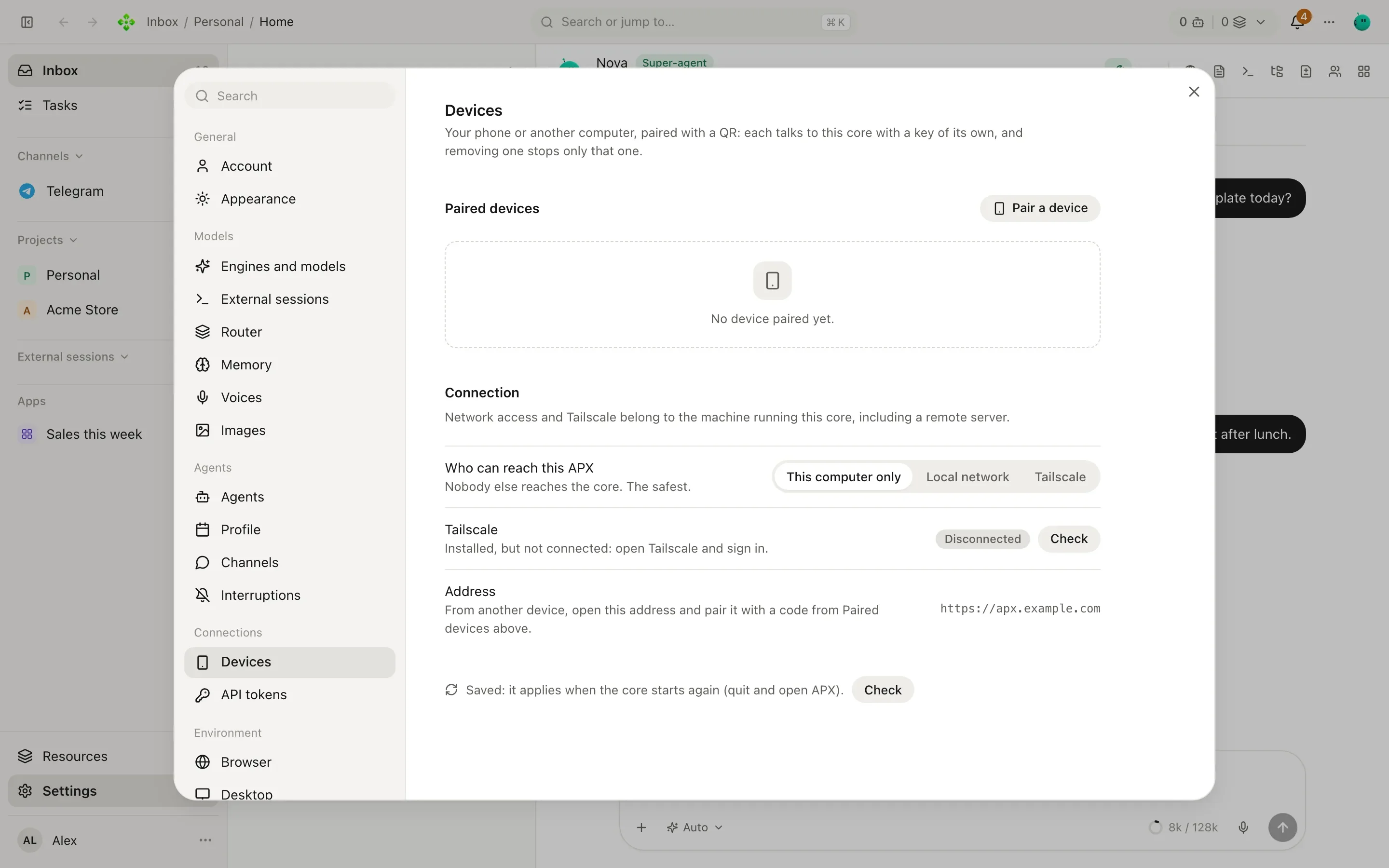 Settings, Devices section: paired devices with their platform and last seen time, and the connection options