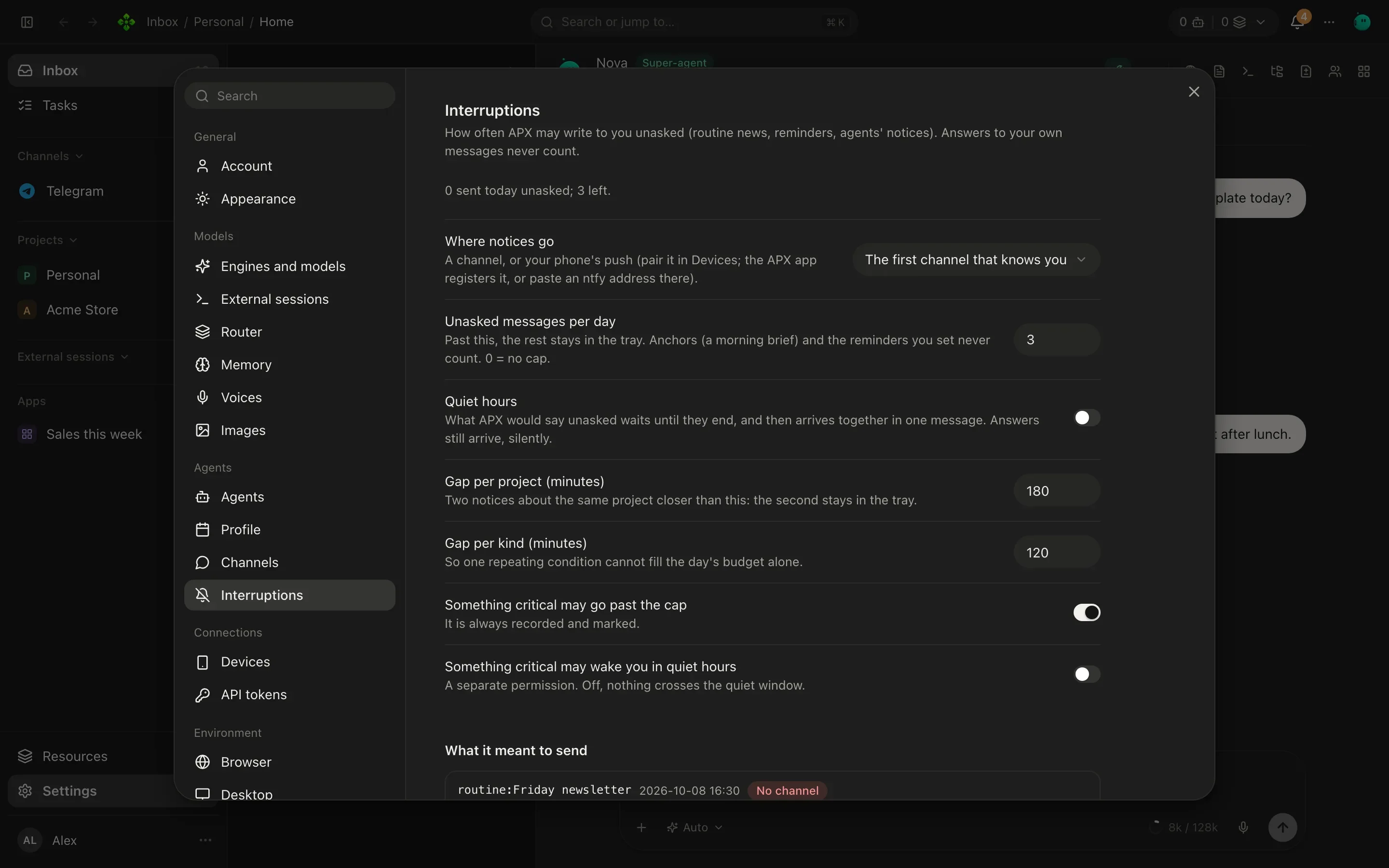 Settings, Interruptions: unasked messages per day, quiet hours, gaps per project and per kind, critical switches, and the log of what APX meant to send