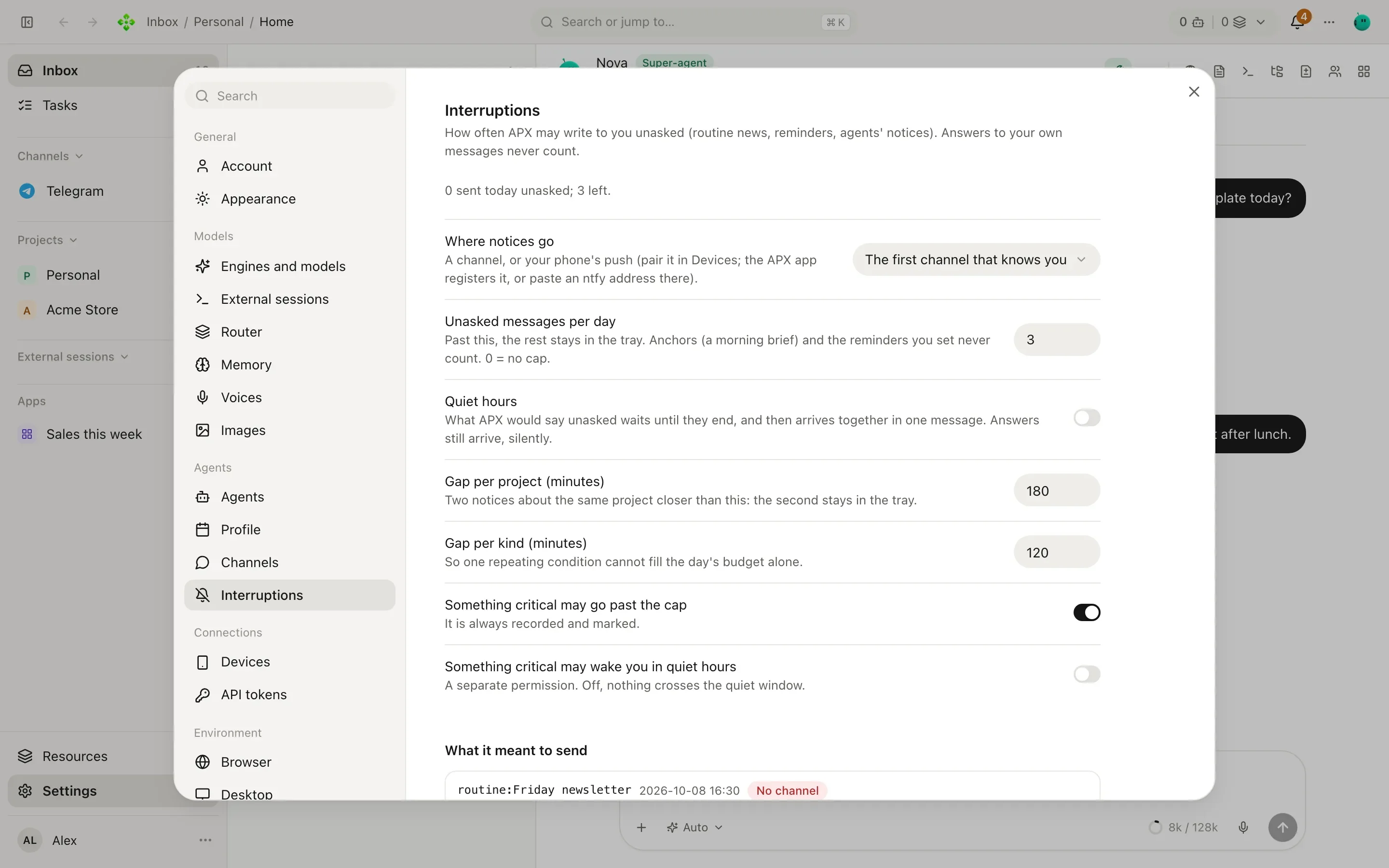 Settings, Interruptions: unasked messages per day, quiet hours, gaps per project and per kind, critical switches, and the log of what APX meant to send