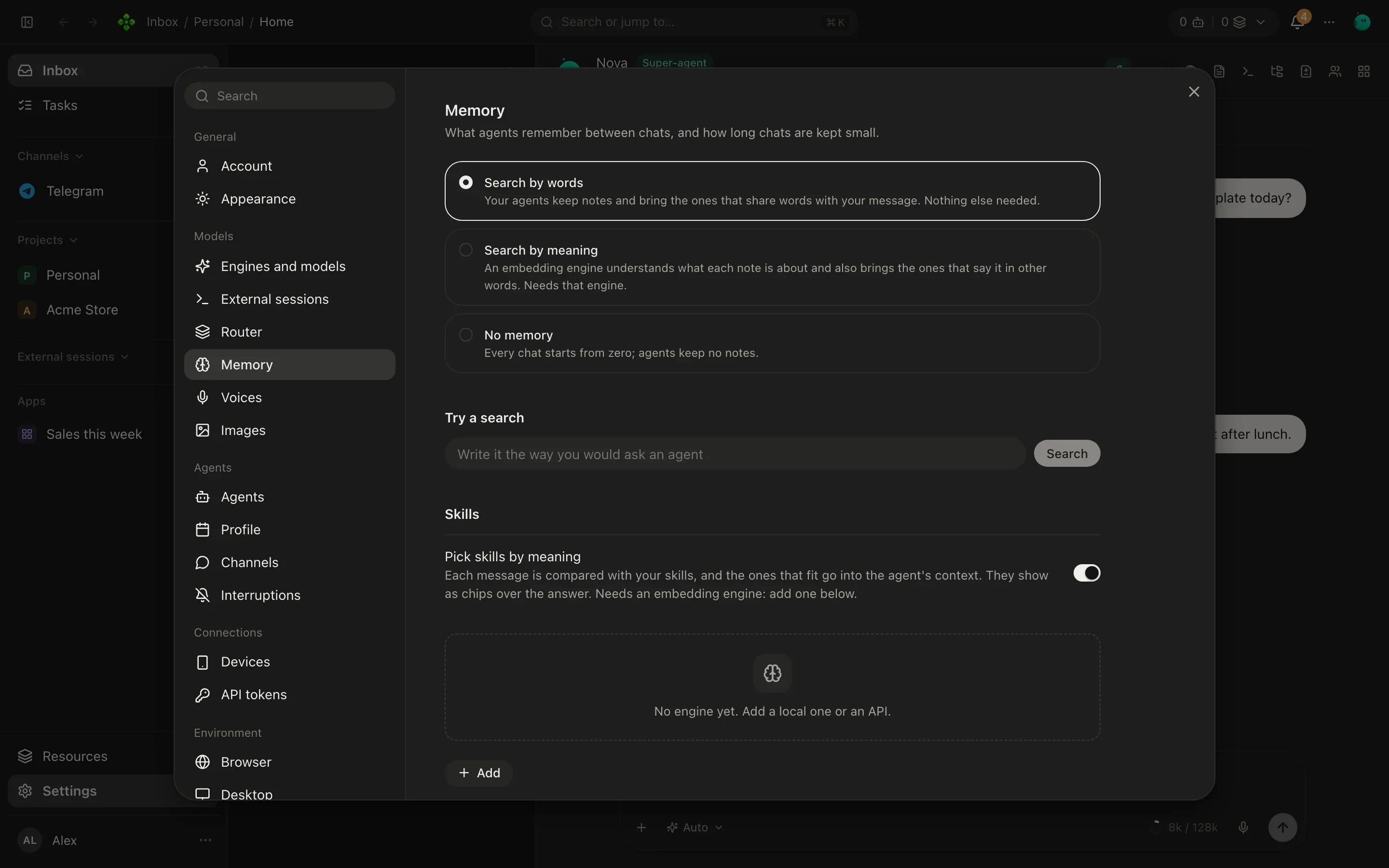 Settings, Memory: the three modes, the embedding engines, skill picking and long-chat options