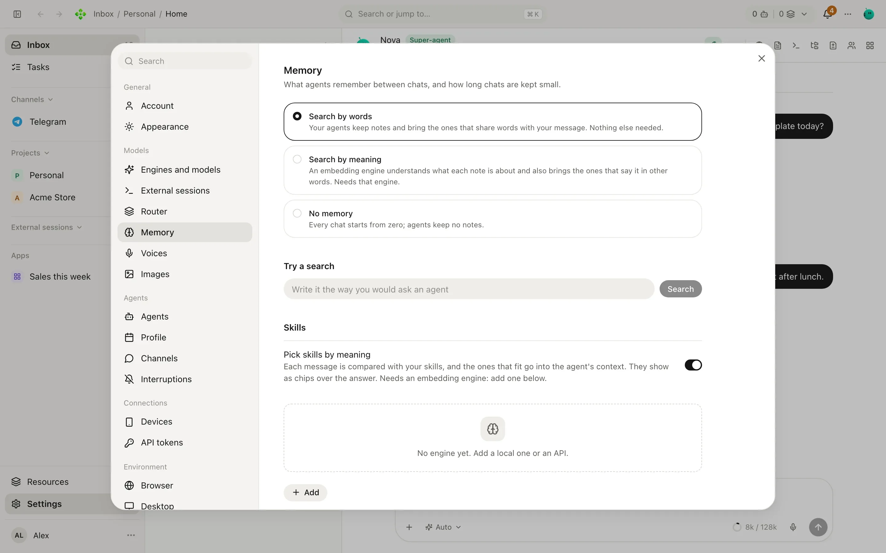 Settings, Memory: the three modes, the embedding engines, skill picking and long-chat options