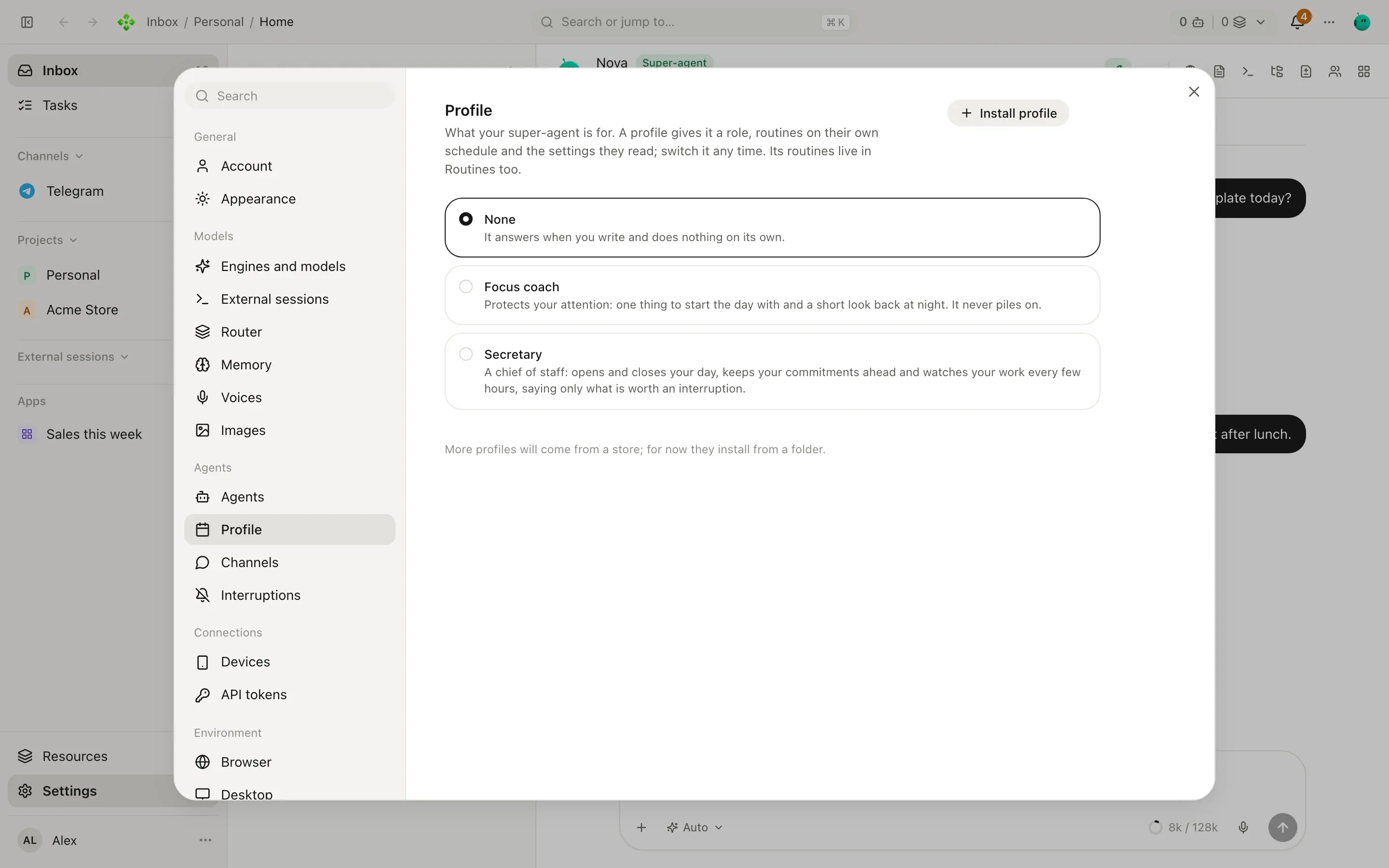Settings, Profile with the Secretary selected: open the day, close the day, watch every, calendar command and thresholds