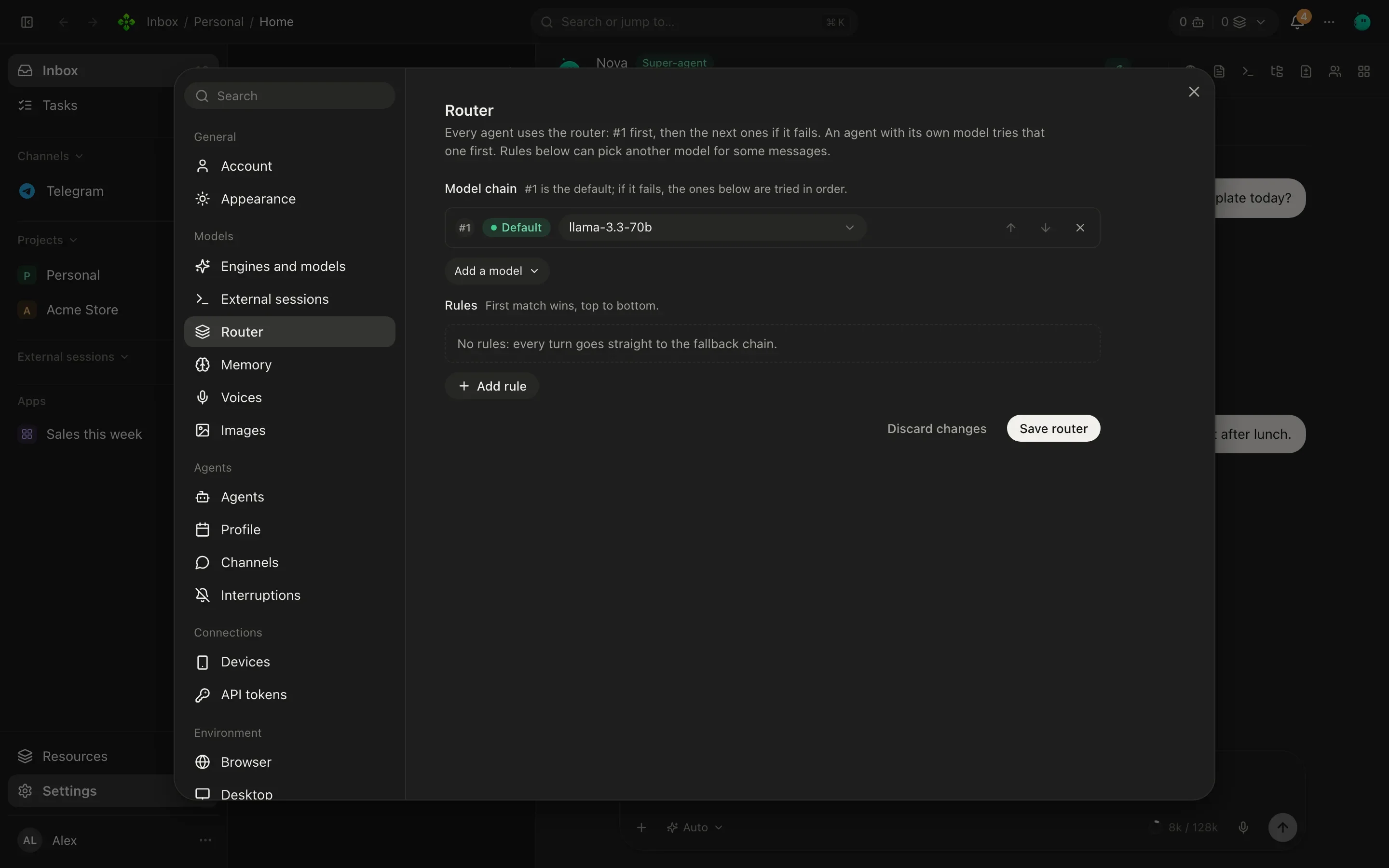Settings, Router: two rules on top and a model chain of three models below