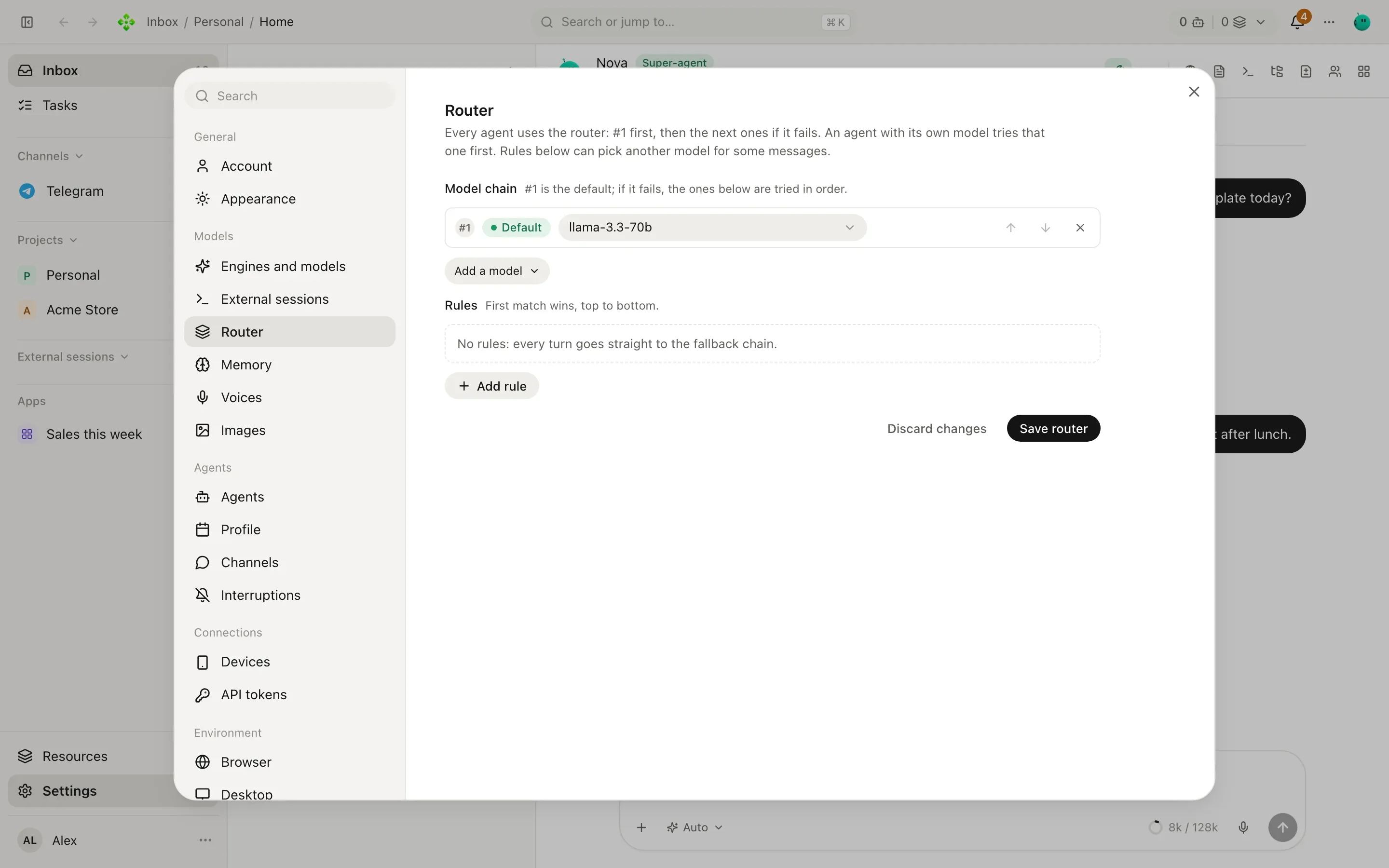 Settings, Router: two rules on top and a model chain of three models below