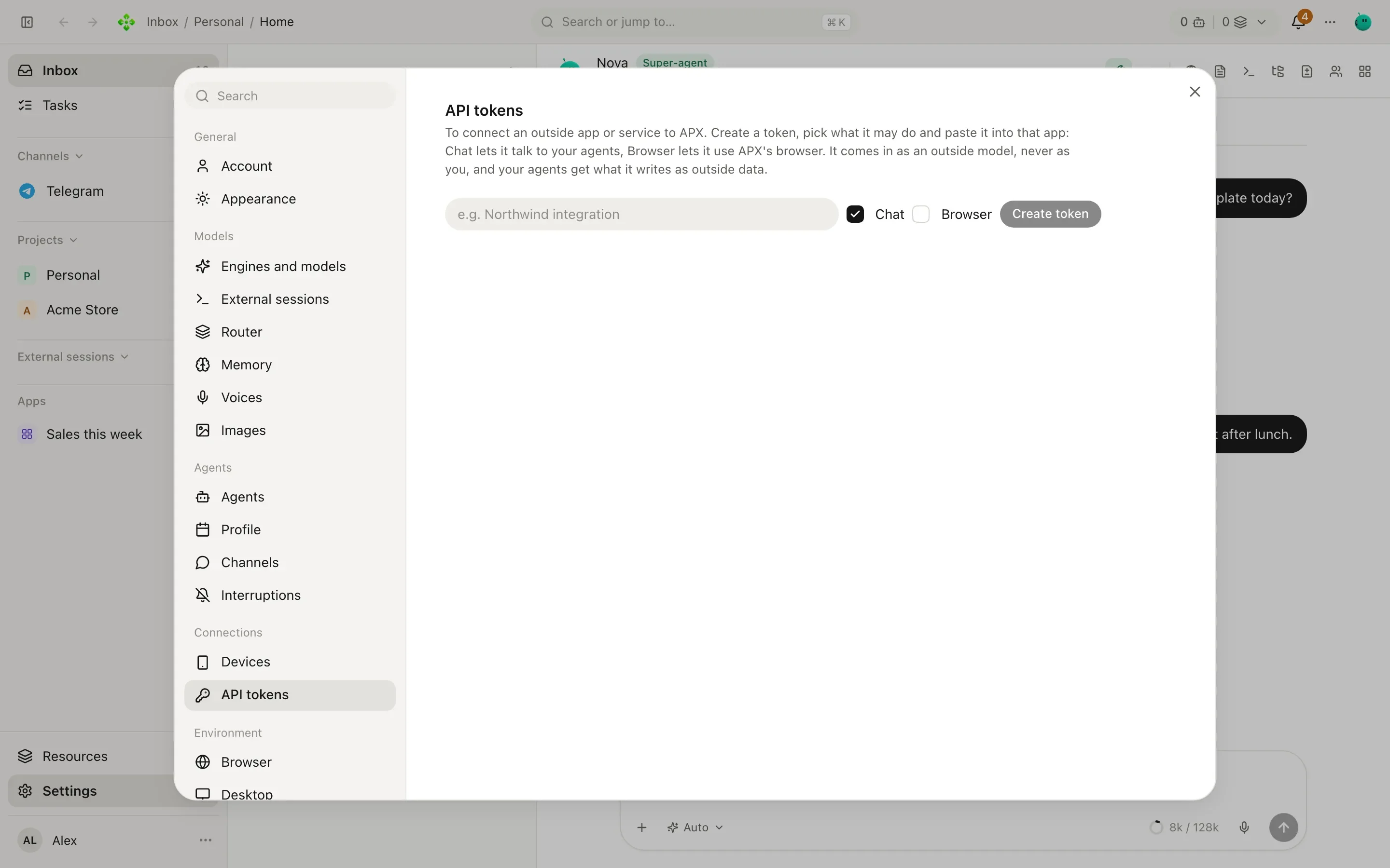 Settings, API tokens: a list of app tokens with their scopes and last use, and a form to create a new one